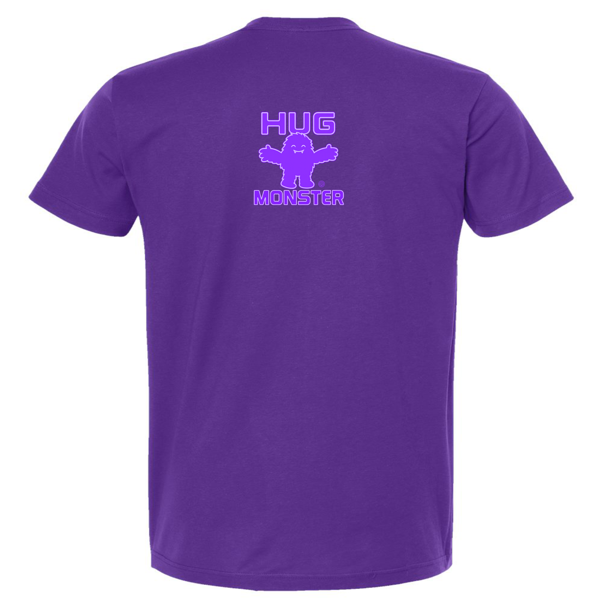 Hug Monster Tiny Retro Monster Hugs (Purple Logo) T-Shirt - Positive Message Graphic Tee in Purple – Back View