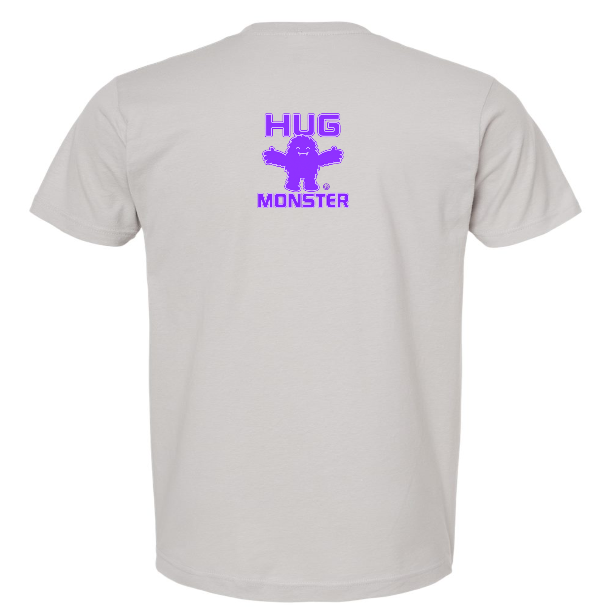 Hug Monster Tiny Retro Monster Hugs (Purple Logo) T-Shirt - Positive Message Graphic Tee in Silver – Back View