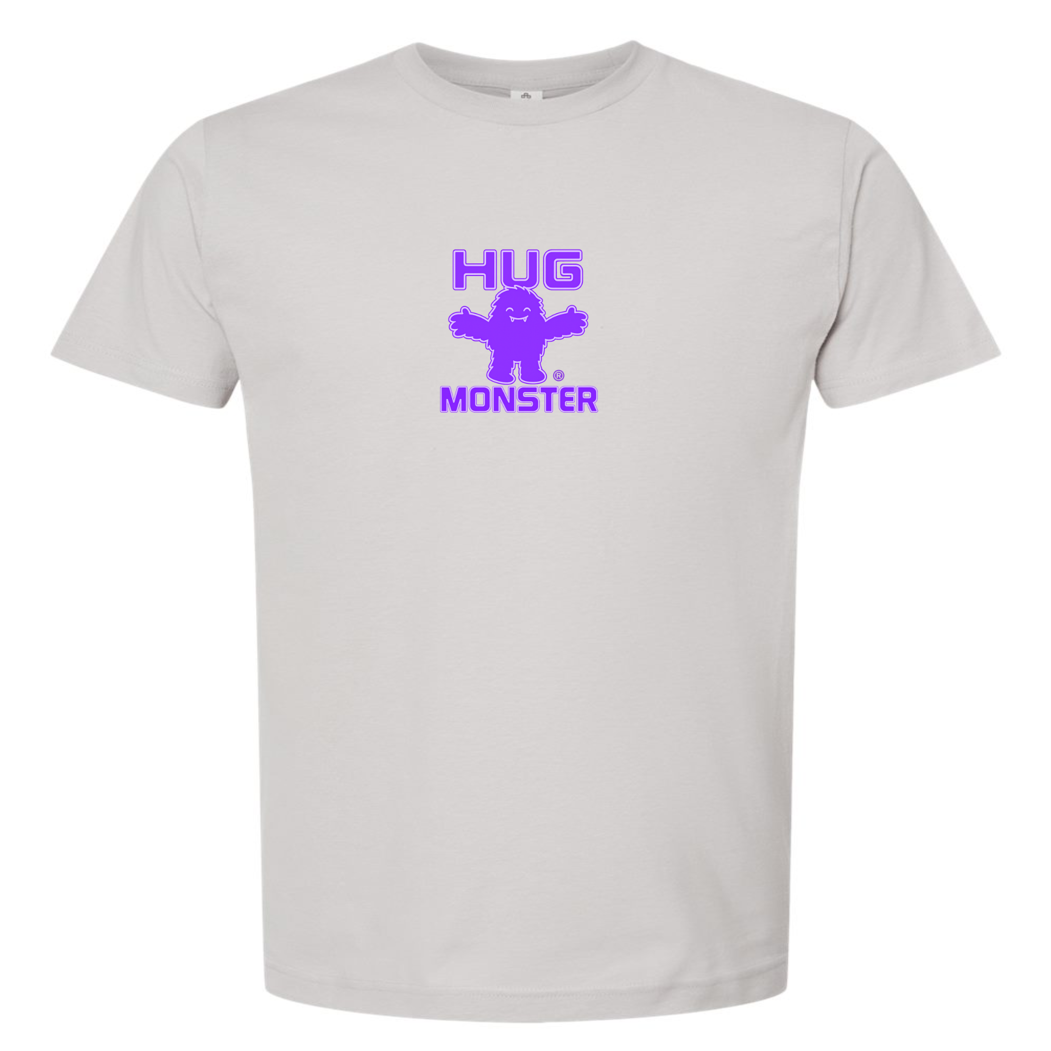 Hug Monster Tiny Retro Monster Hugs (Purple Logo) T-Shirt - Positive Message Graphic Tee in Silver – Front View
