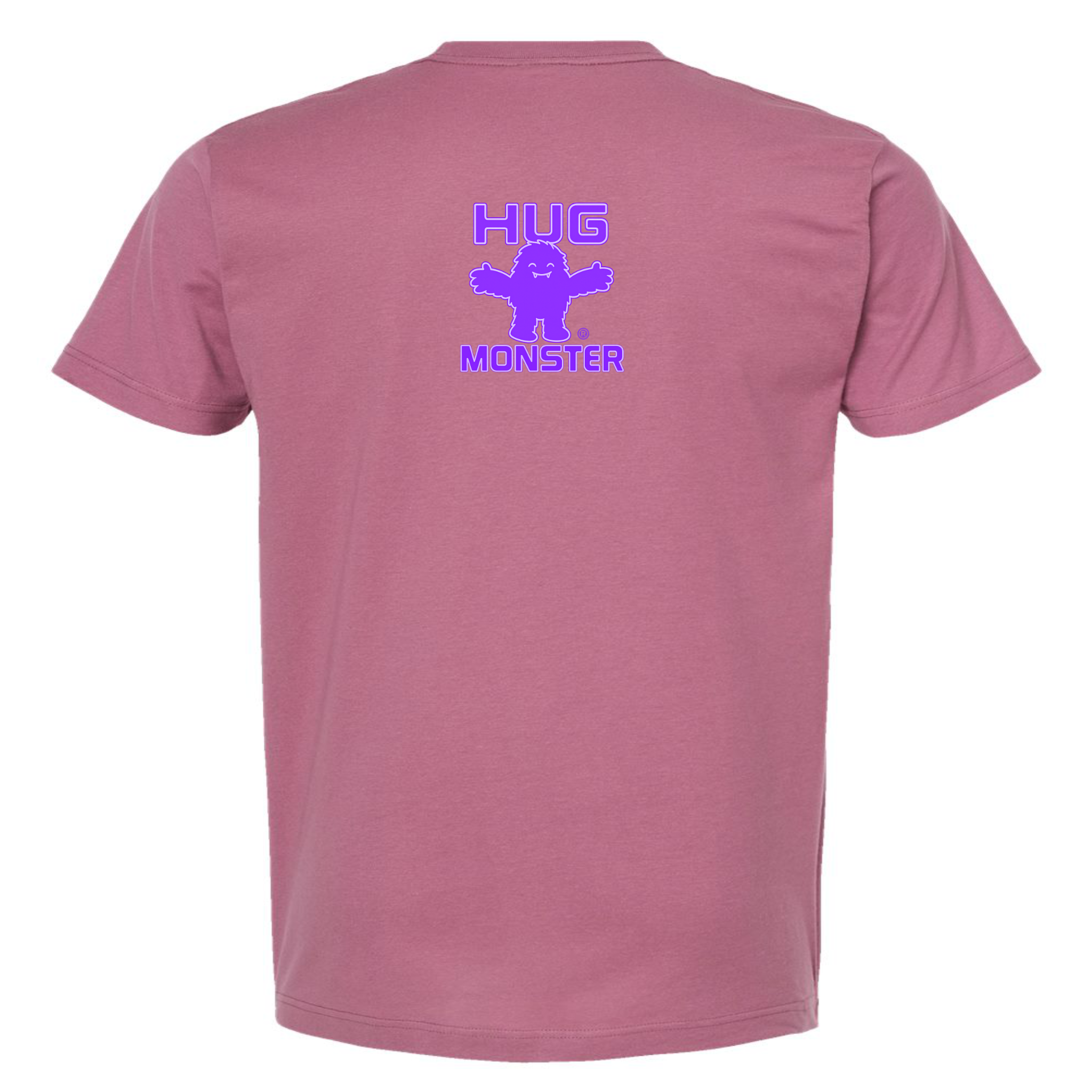 Hug Monster Tiny Retro Monster Hugs (Purple Logo) T-Shirt - Positive Message Graphic Tee in Soft Dusty Rose Pink – Back View