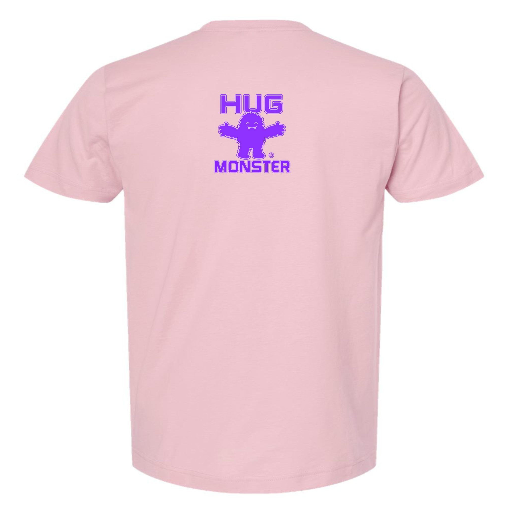 Hug Monster Tiny Retro Monster Hugs (Purple Logo) T-Shirt - Positive Message Graphic Tee in Soft Pink – Back View
