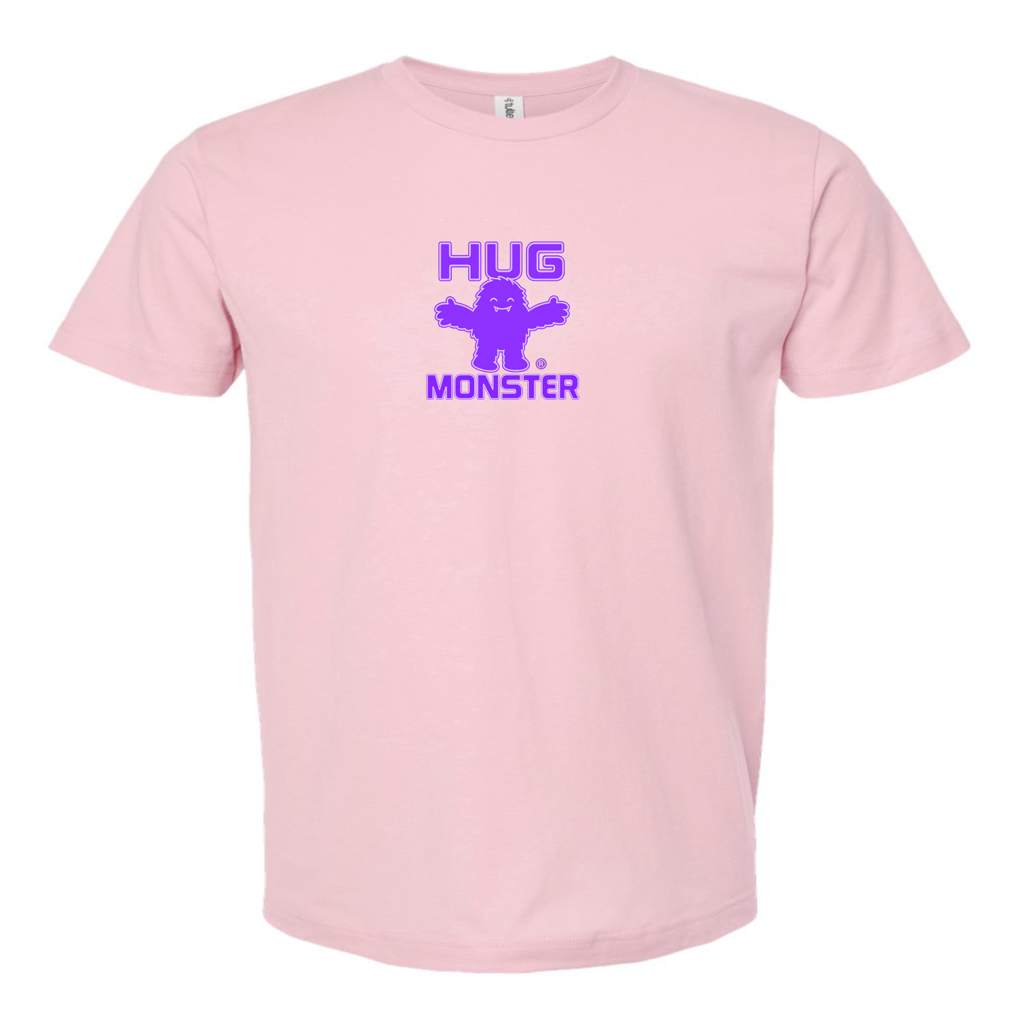 Hug Monster Tiny Retro Monster Hugs (Purple Logo) T-Shirt - Positive Message Graphic Tee in Soft Pink – Front View