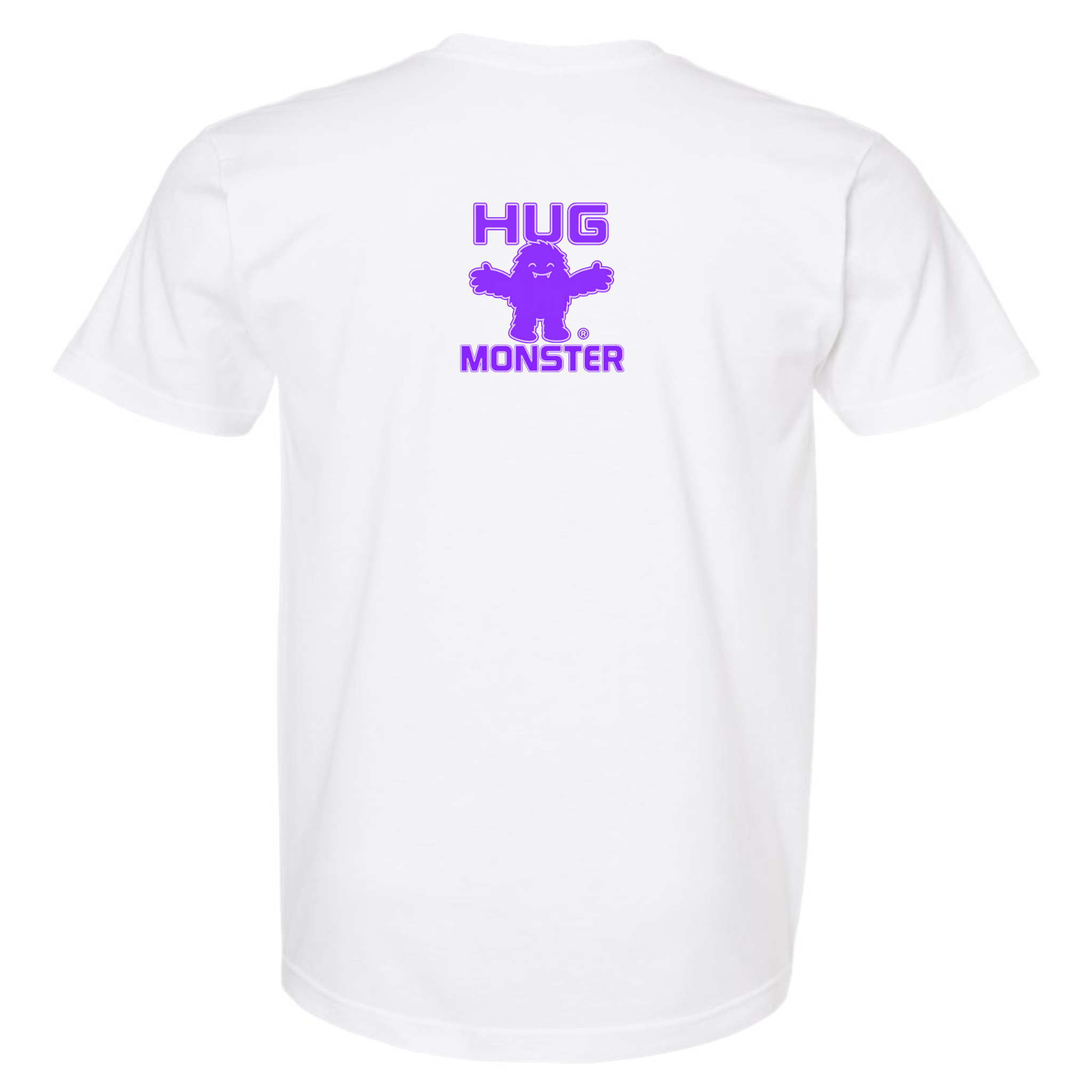 Hug Monster Tiny Retro Monster Hugs (Purple Logo) T-Shirt - Positive Message Graphic Tee in White – Back View