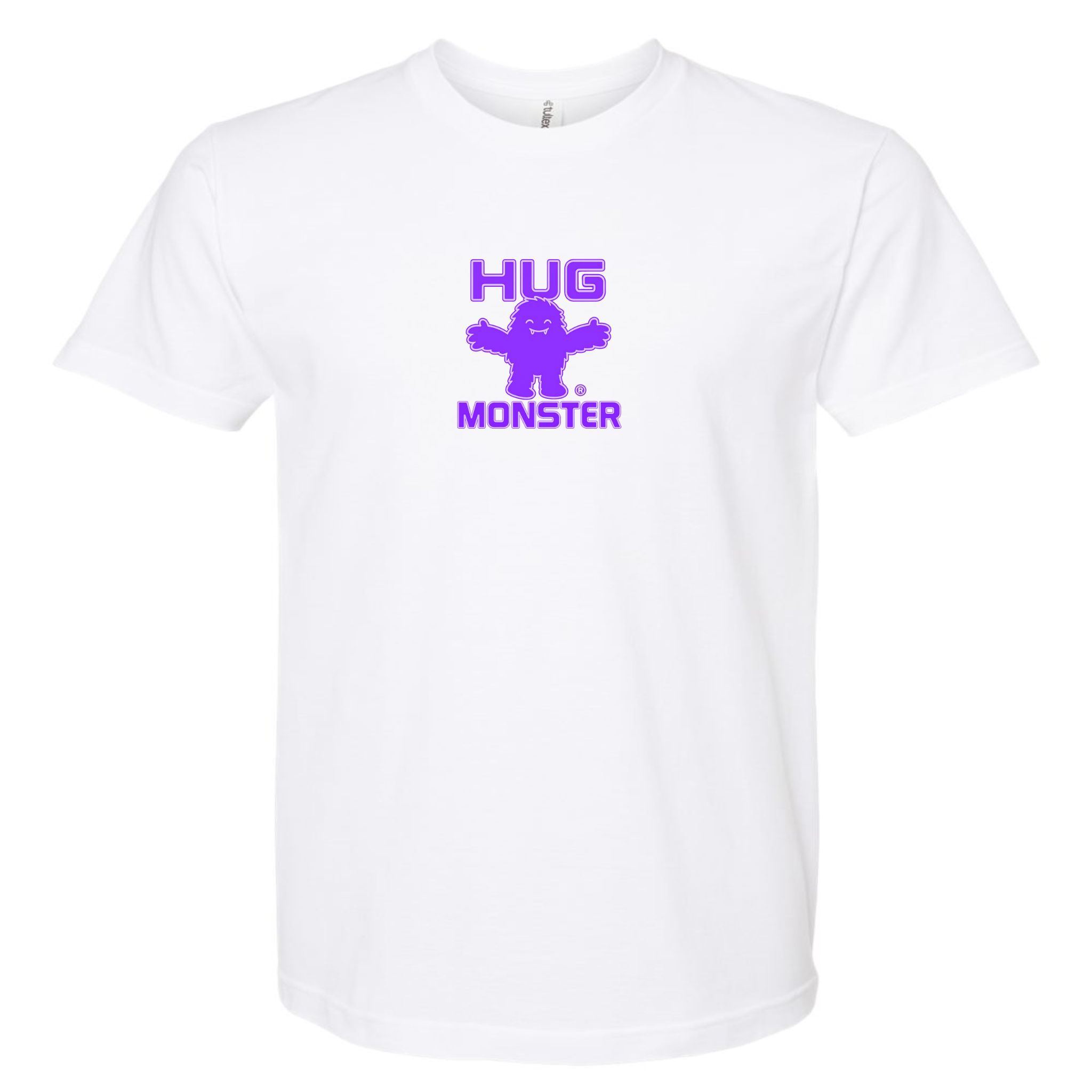 Hug Monster Tiny Retro Monster Hugs (Purple Logo) T-Shirt - Positive Message Graphic Tee in White – Front View