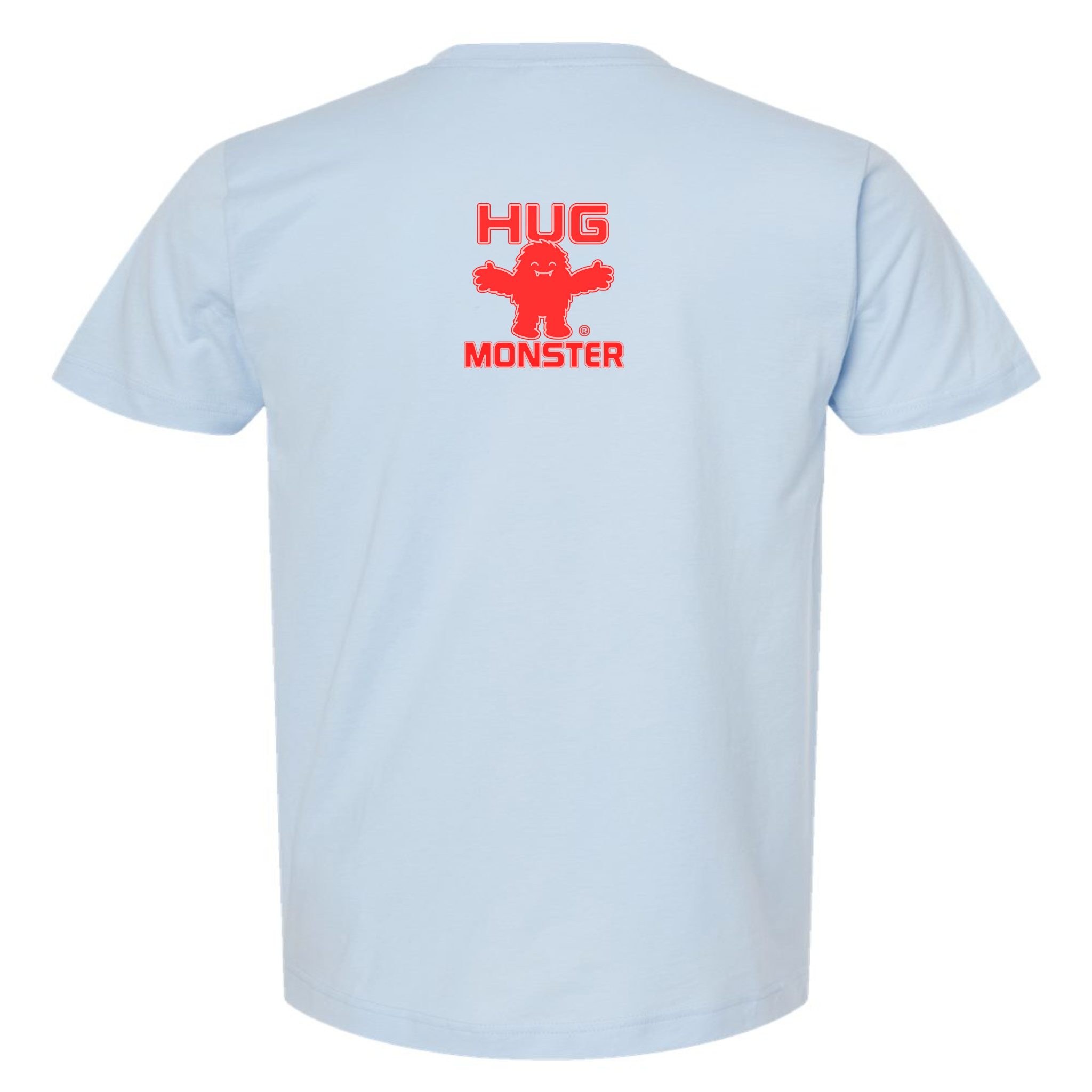 Hug Monster Tiny Retro Monster Hugs (Red Logo) T-Shirt - Positive Message Graphic Tee in Baby Blue – Back View