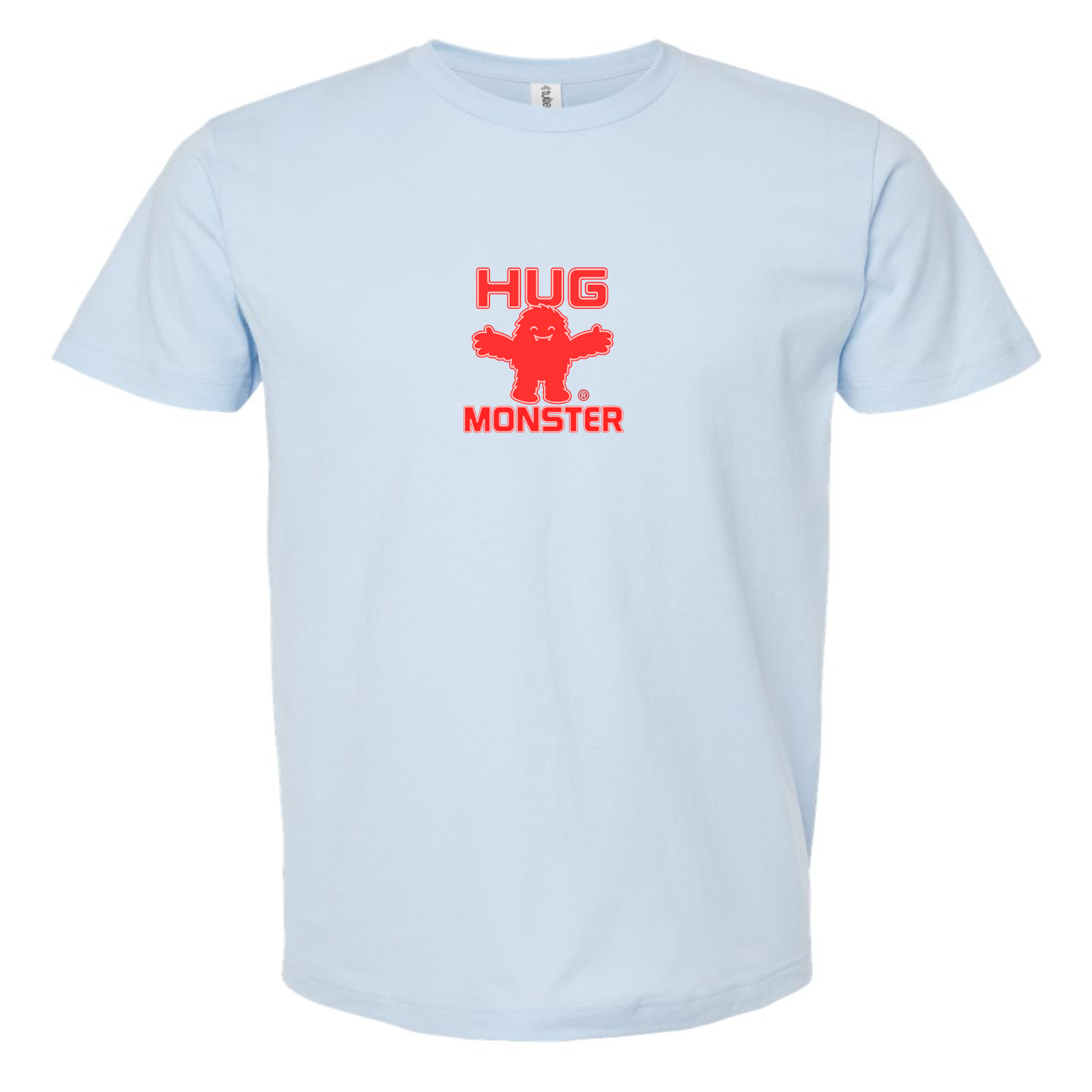 Hug Monster Tiny Retro Monster Hugs (Red Logo) T-Shirt - Positive Message Graphic Tee in Baby Blue – Front View