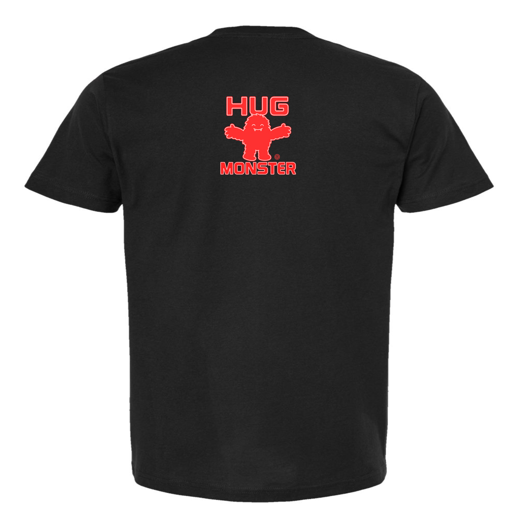 Hug Monster Tiny Retro Monster Hugs (Red Logo) T-Shirt - Positive Message Graphic Tee in Black – Back View
