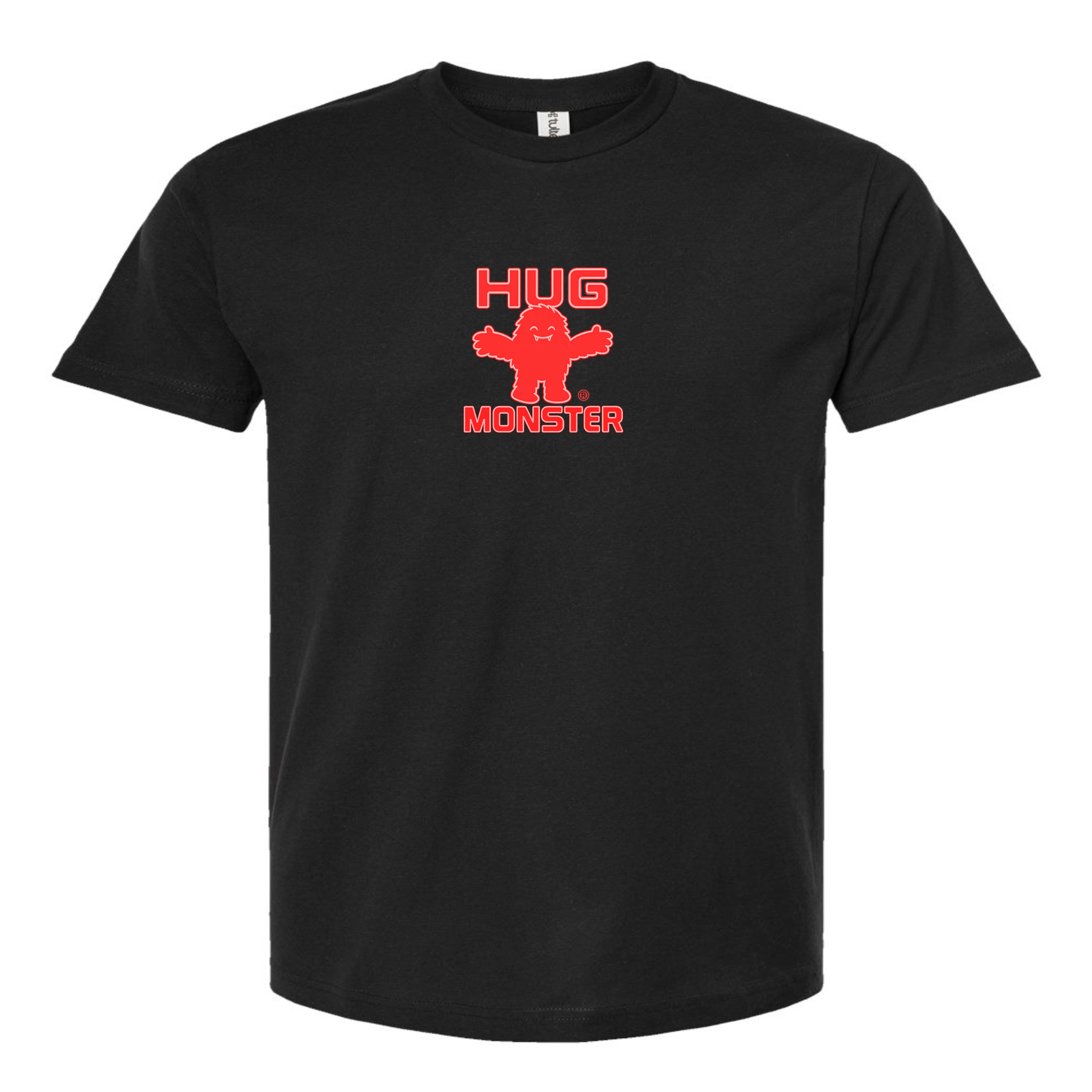Hug Monster Tiny Retro Monster Hugs (Red Logo) T-Shirt - Positive Message Graphic Tee in Black – Front View