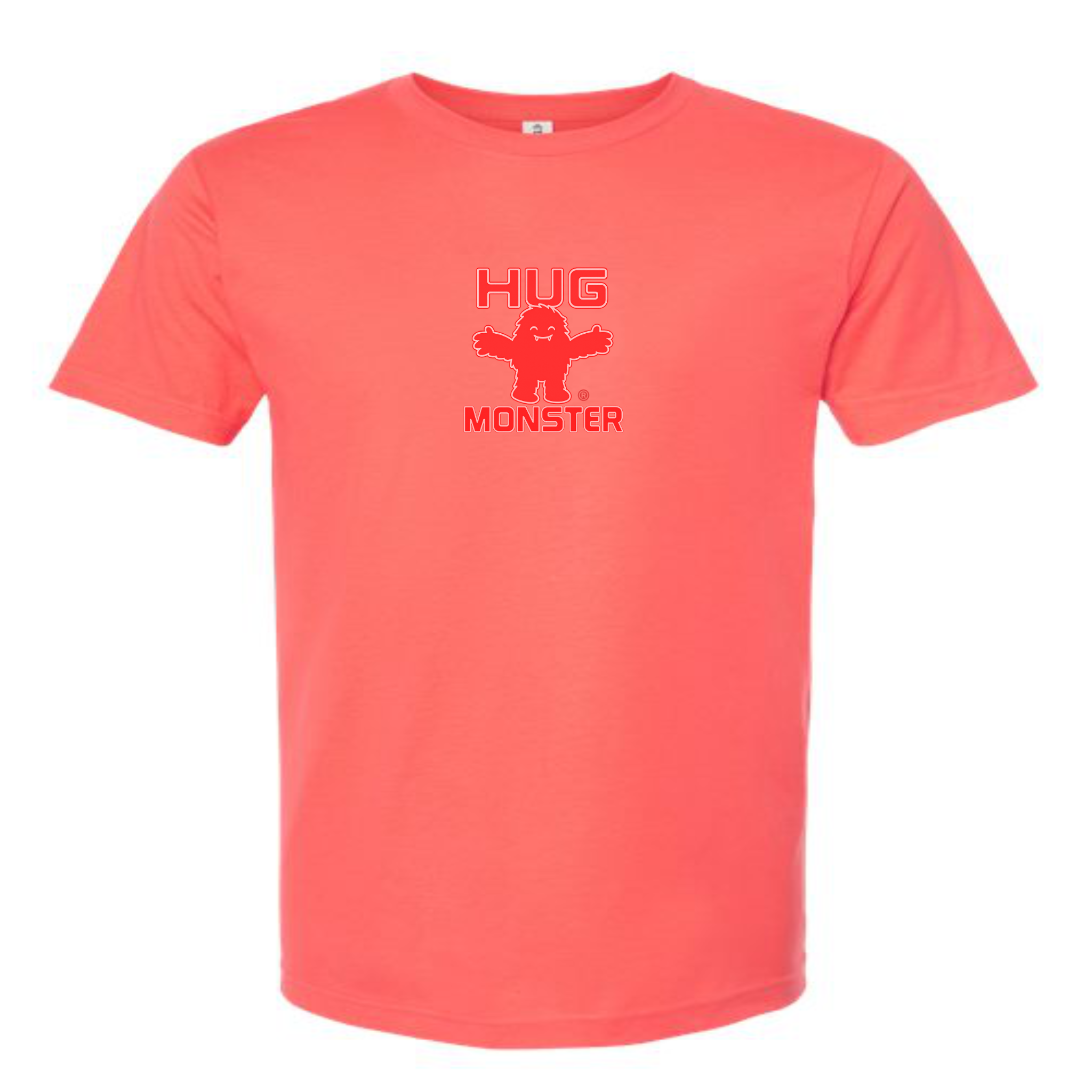 Hug Monster Tiny Retro Monster Hugs (Red Logo) T-Shirt - Positive Message Graphic Tee in Bright Coral – Front View