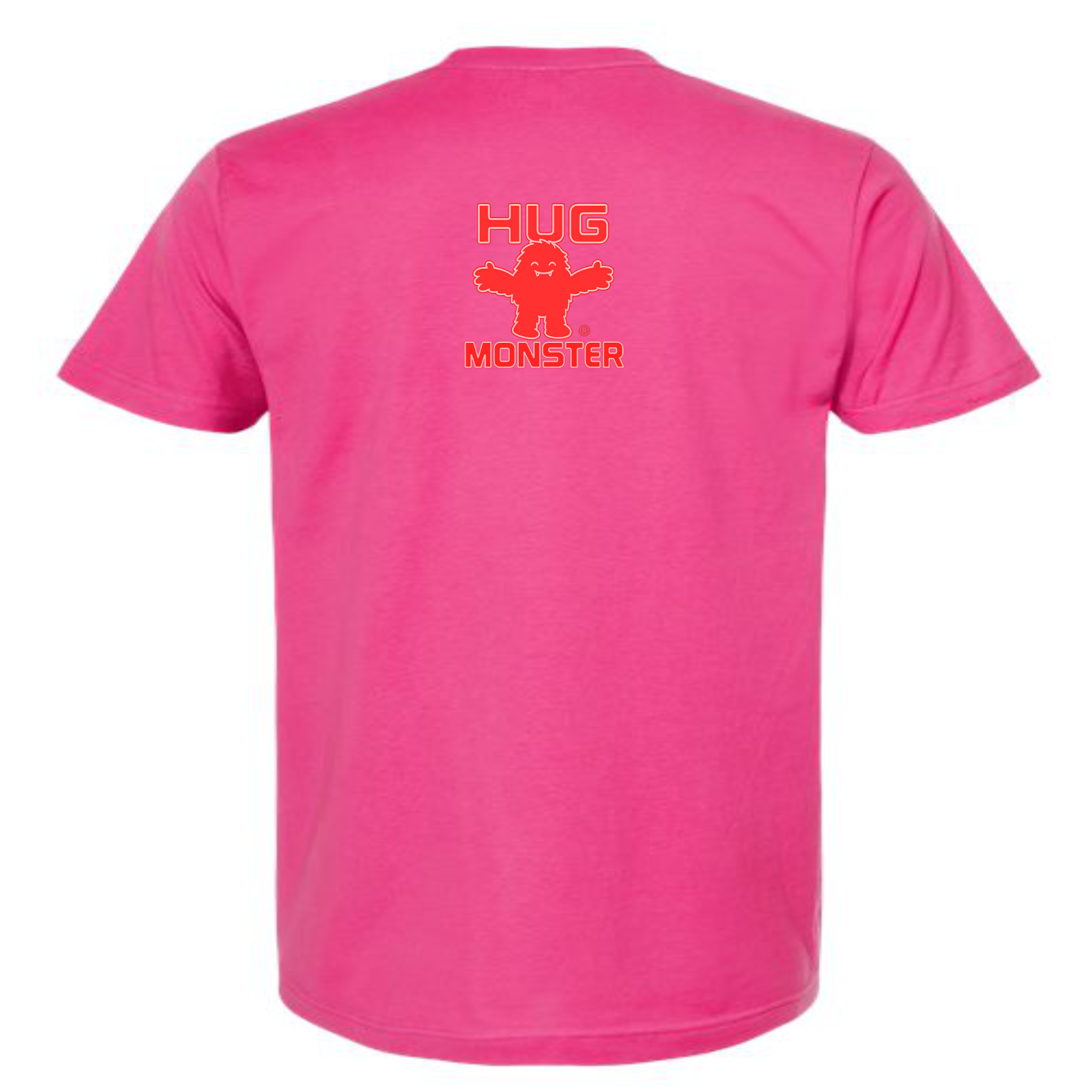 Hug Monster Tiny Retro Monster Hugs (Red Logo) T-Shirt - Positive Message Graphic Tee in Bright Fuscia – Back View