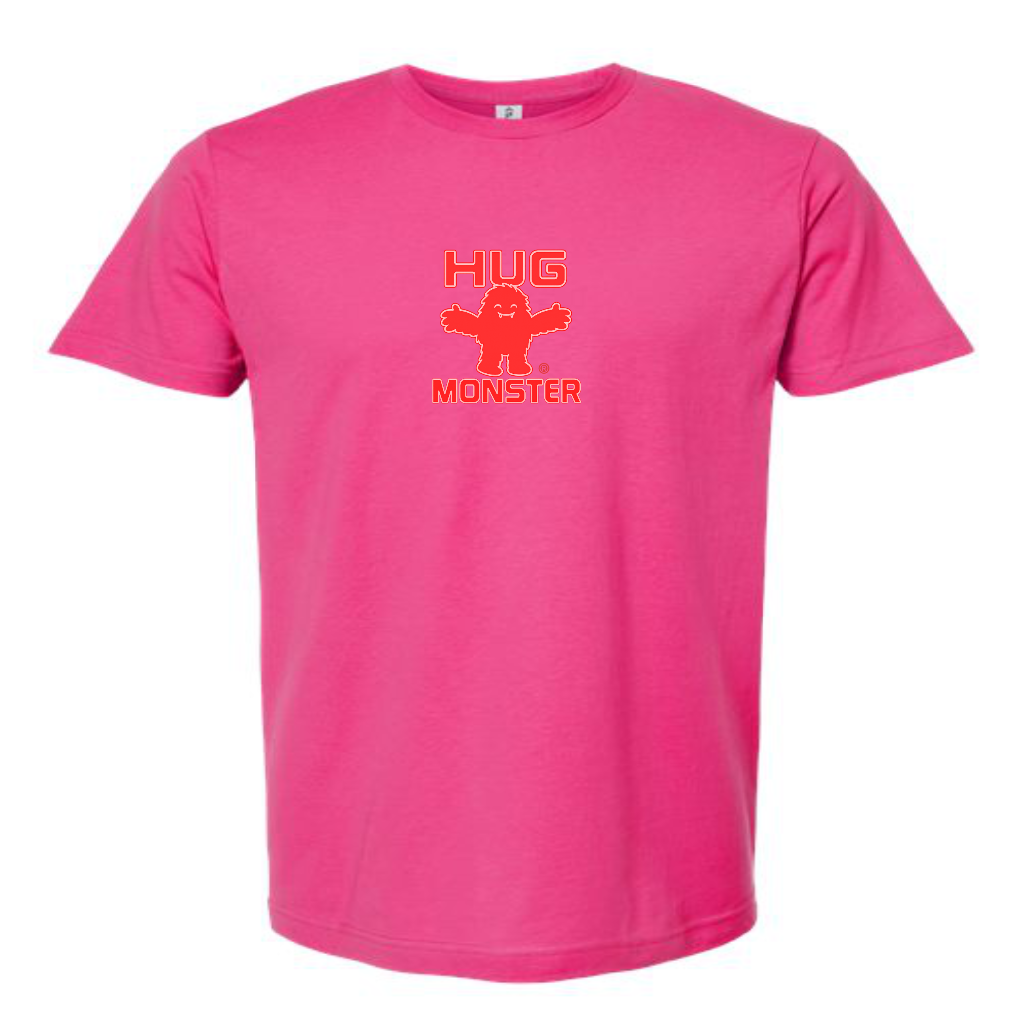 Hug Monster Tiny Retro Monster Hugs (Red Logo) T-Shirt - Positive Message Graphic Tee in Bright Fuscia – Front View
