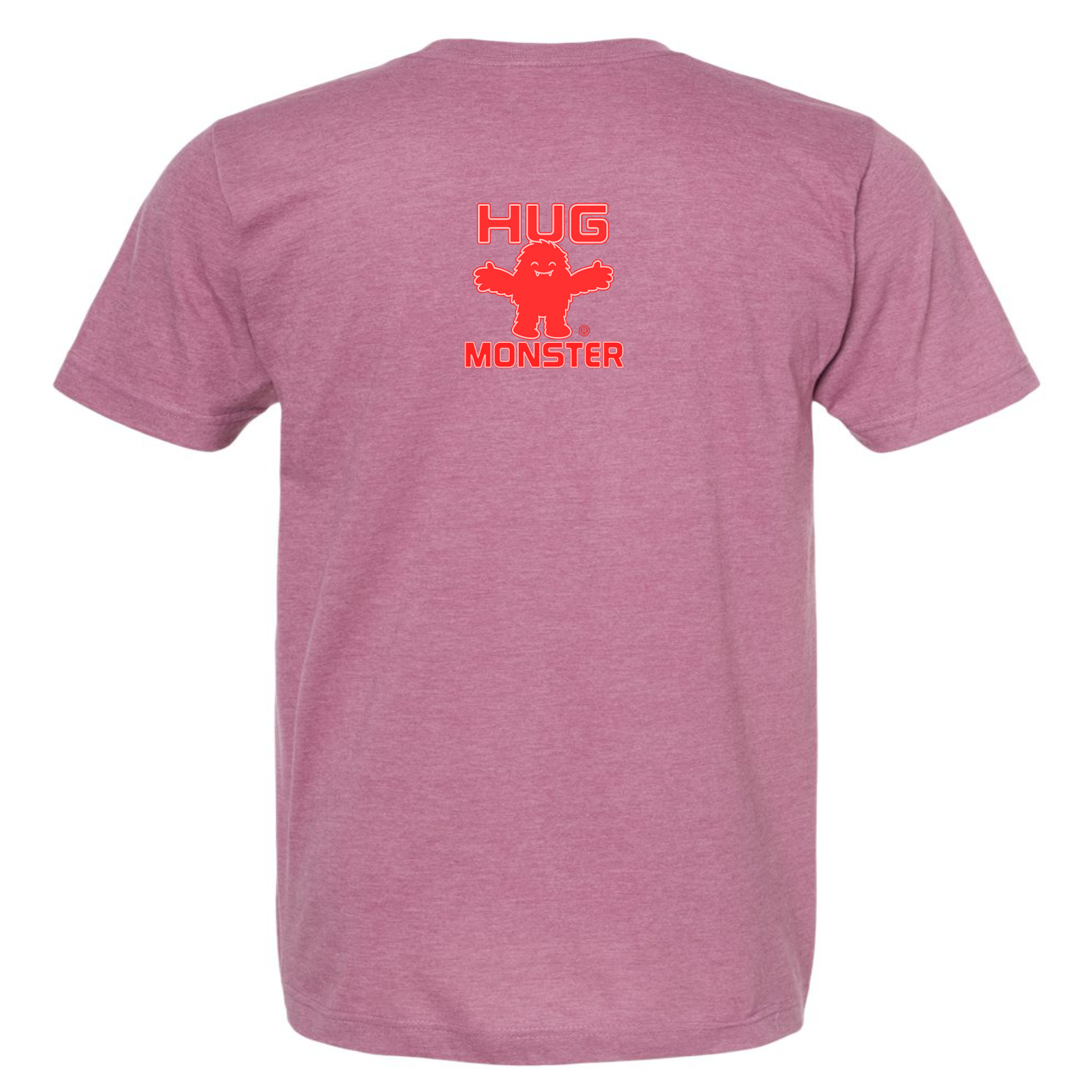 Hug Monster Tiny Retro Monster Hugs (Red Logo) T-Shirt - Positive Message Graphic Tee in Heather Dusty Rose Pink – Back View