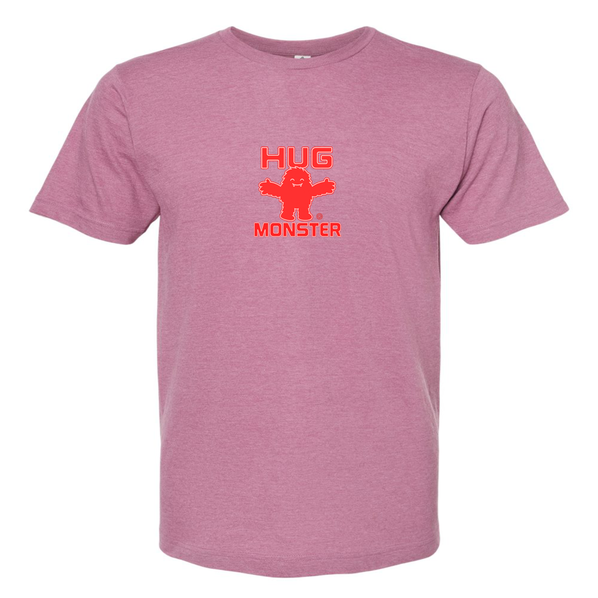 Hug Monster Tiny Retro Monster Hugs (Red Logo) T-Shirt - Positive Message Graphic Tee in Heather Dusty Rose Pink – Front View