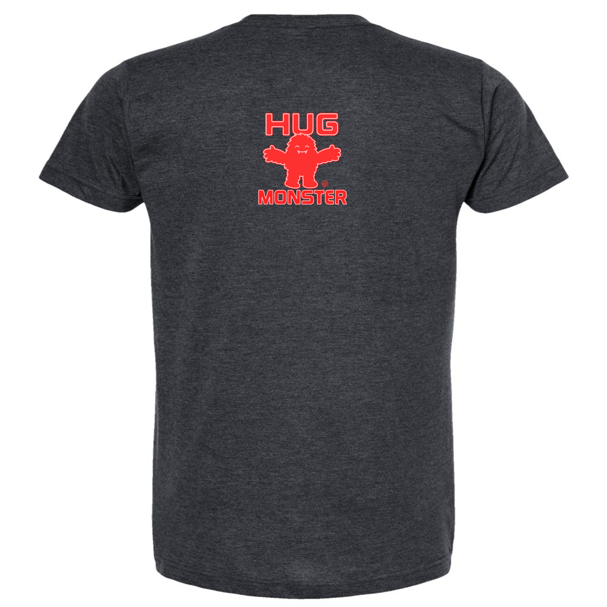 Hug Monster Tiny Retro Monster Hugs (Red Logo) T-Shirt - Positive Message Graphic Tee in Heather Graphite – Back View