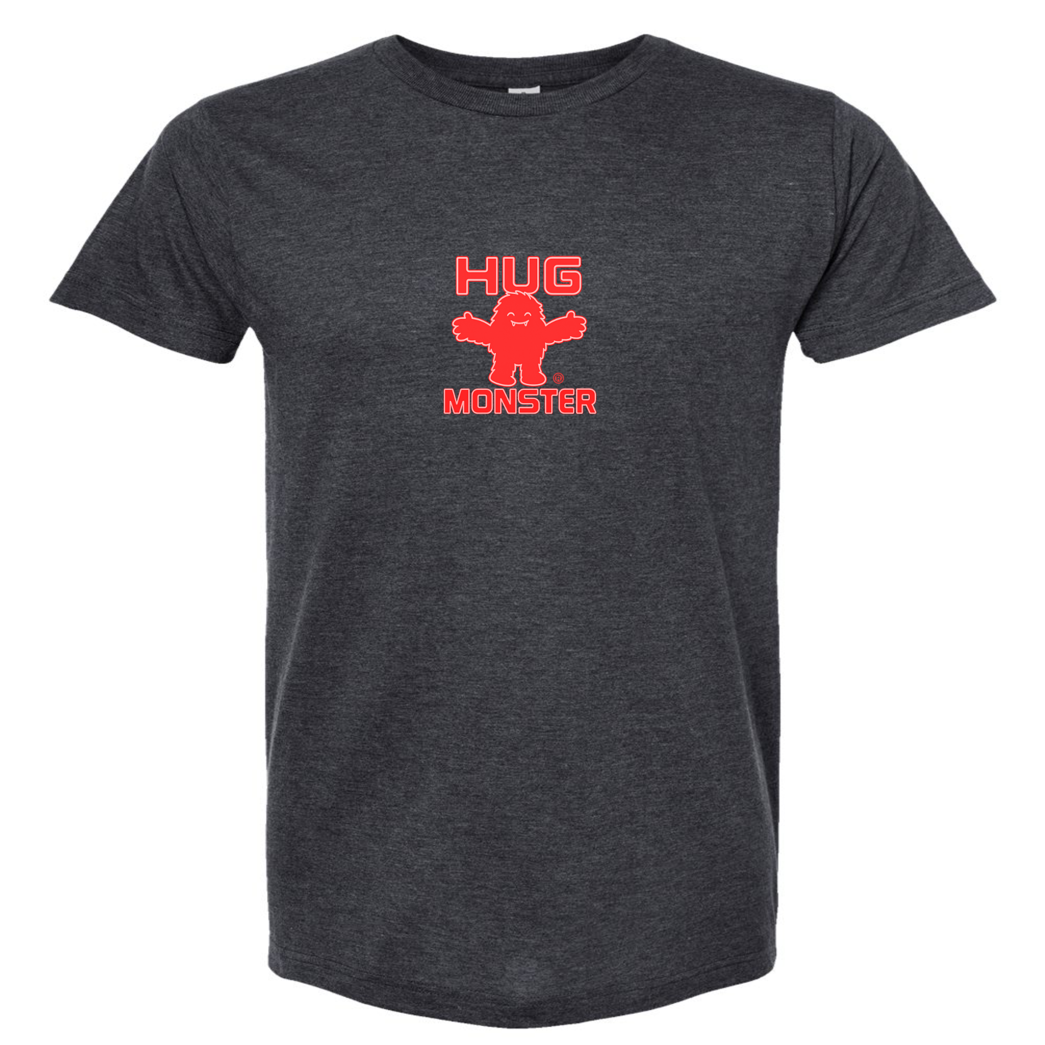 Hug Monster Tiny Retro Monster Hugs (Red Logo) T-Shirt - Positive Message Graphic Tee in Heather Graphite – Front View