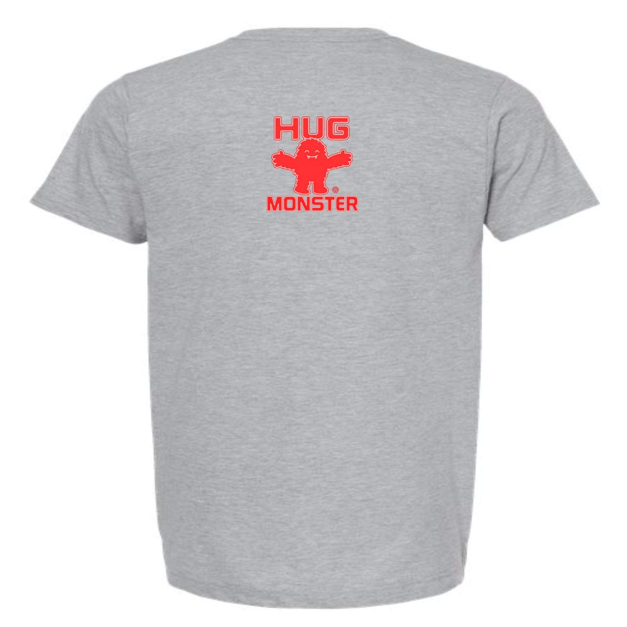 Hug Monster Tiny Retro Monster Hugs (Red Logo) T-Shirt - Positive Message Graphic Tee in Heather Grey – Back View
