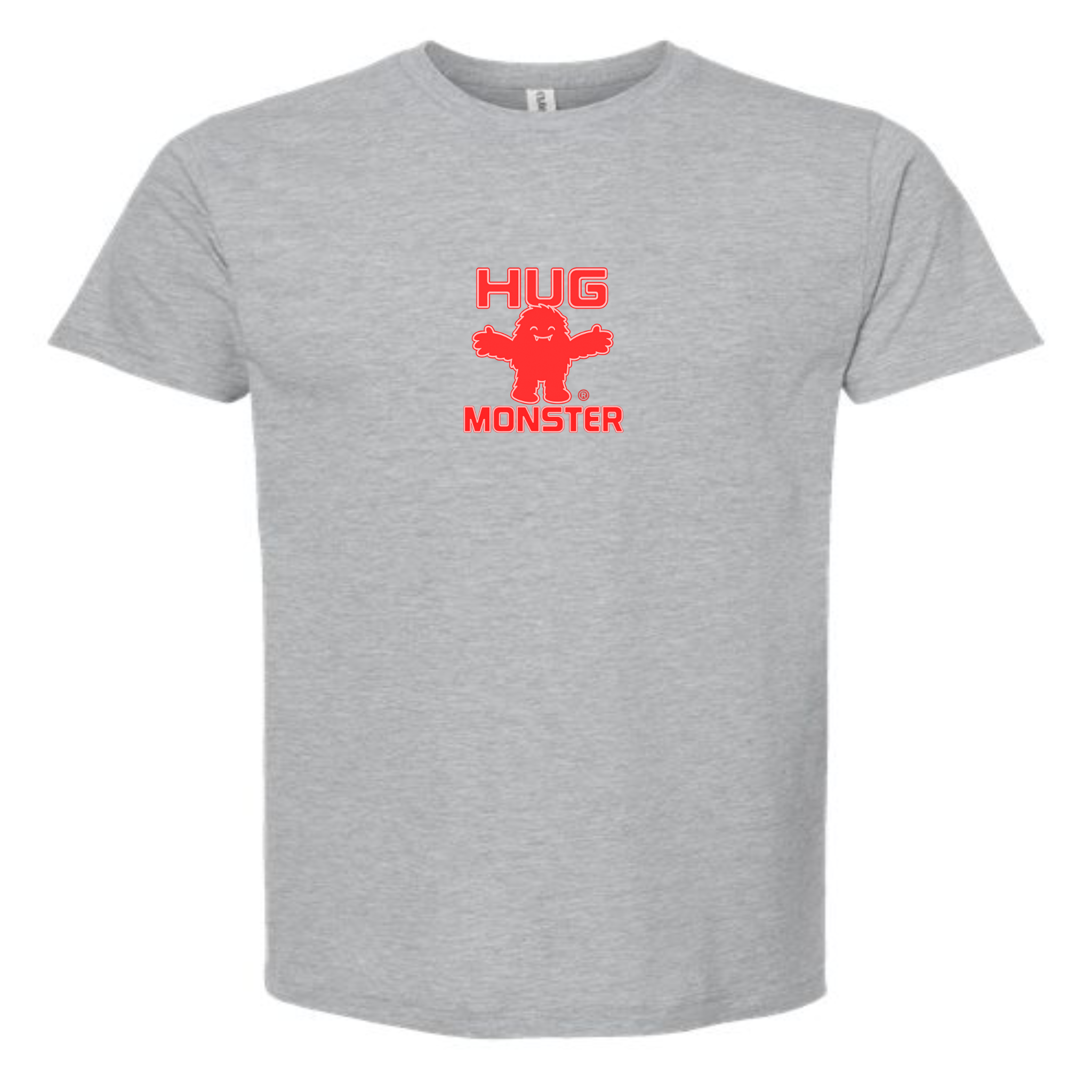 Hug Monster Tiny Retro Monster Hugs (Red Logo) T-Shirt - Positive Message Graphic Tee in Heather Grey – Front View