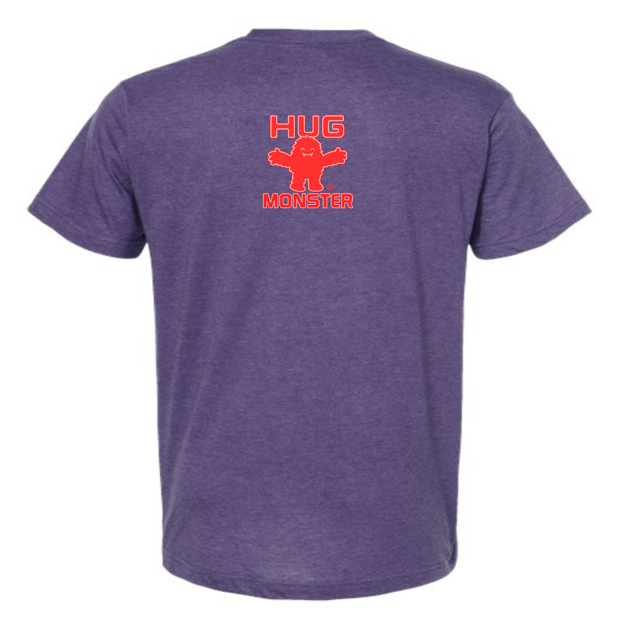 Hug Monster Tiny Retro Monster Hugs (Red Logo) T-Shirt - Positive Message Graphic Tee in Heather Purple – Back View