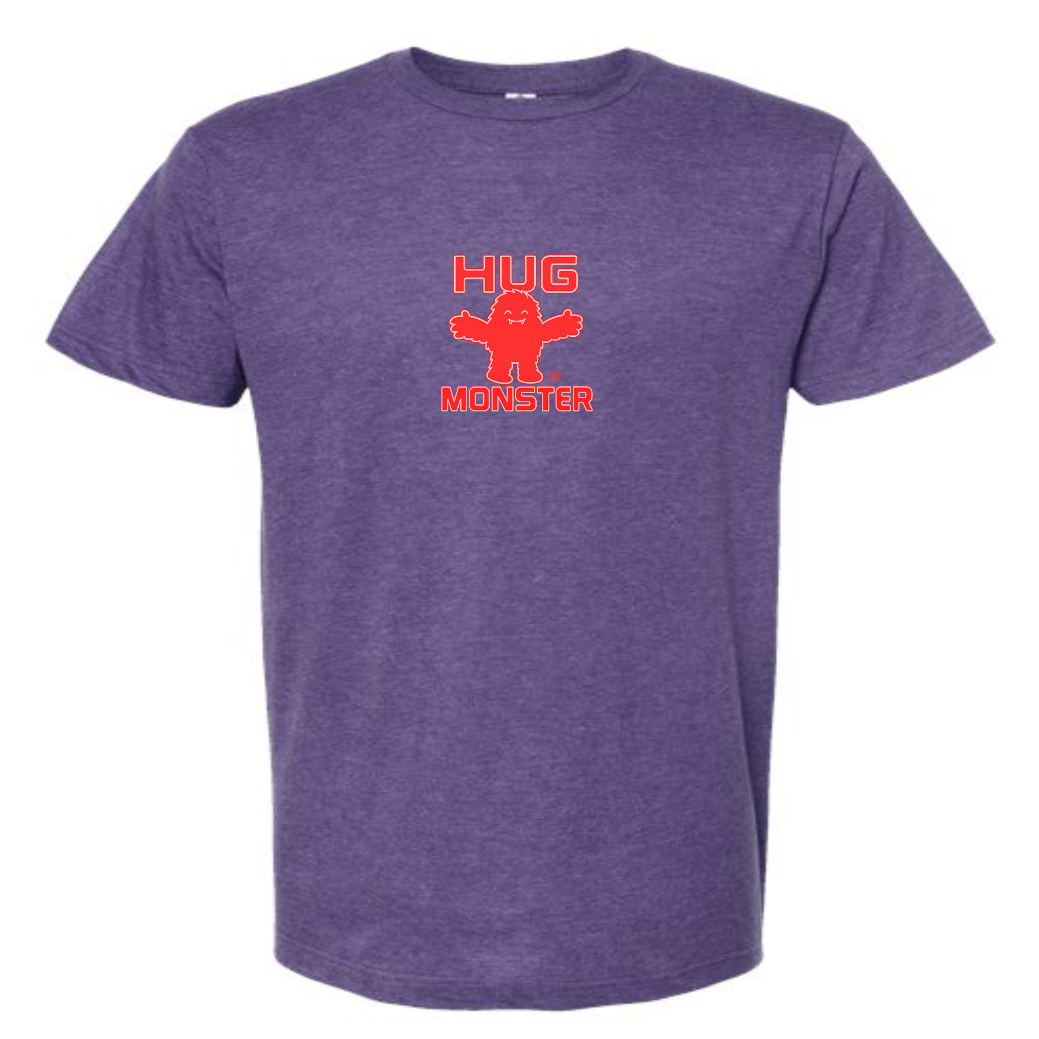Hug Monster Tiny Retro Monster Hugs (Red Logo) T-Shirt - Positive Message Graphic Tee in Heather Purple – Front View