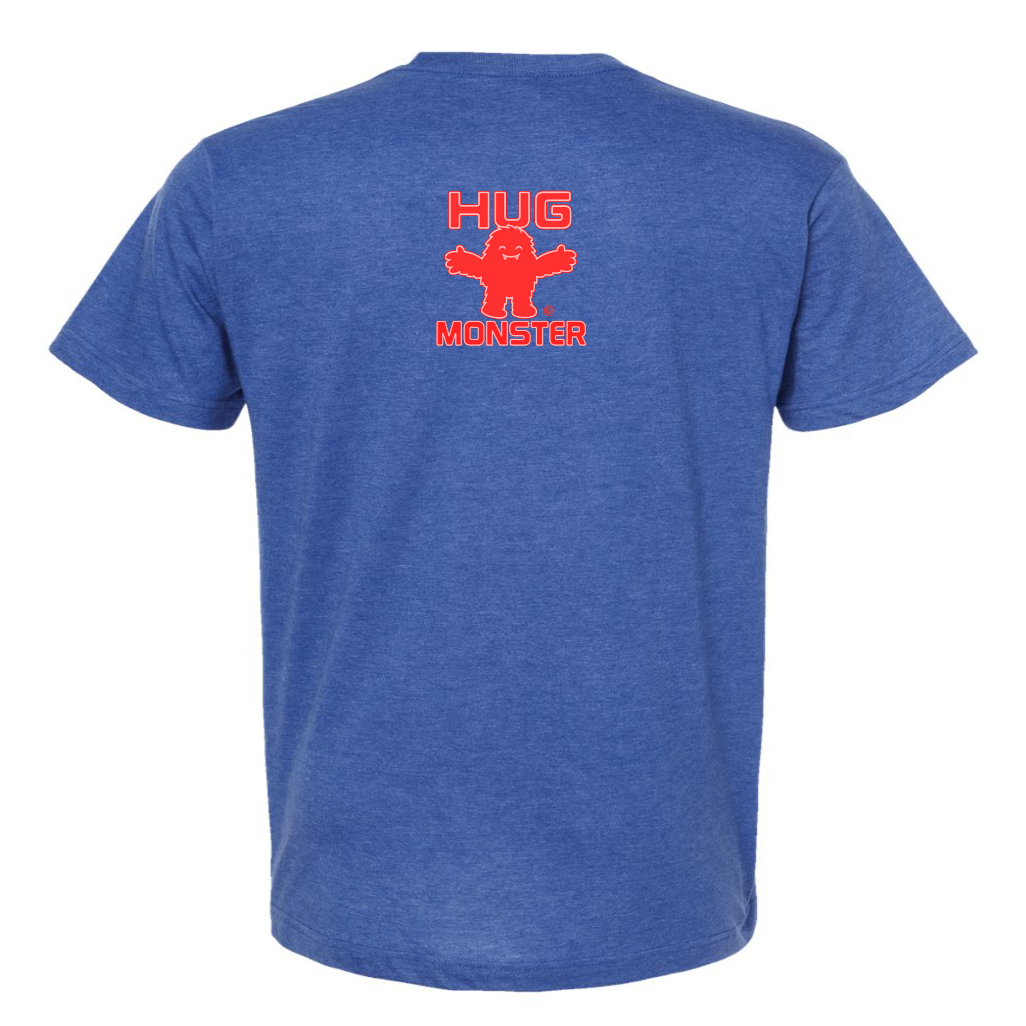 Hug Monster Tiny Retro Monster Hugs (Red Logo) T-Shirt - Positive Message Graphic Tee in Heather Royal Blue – Back View