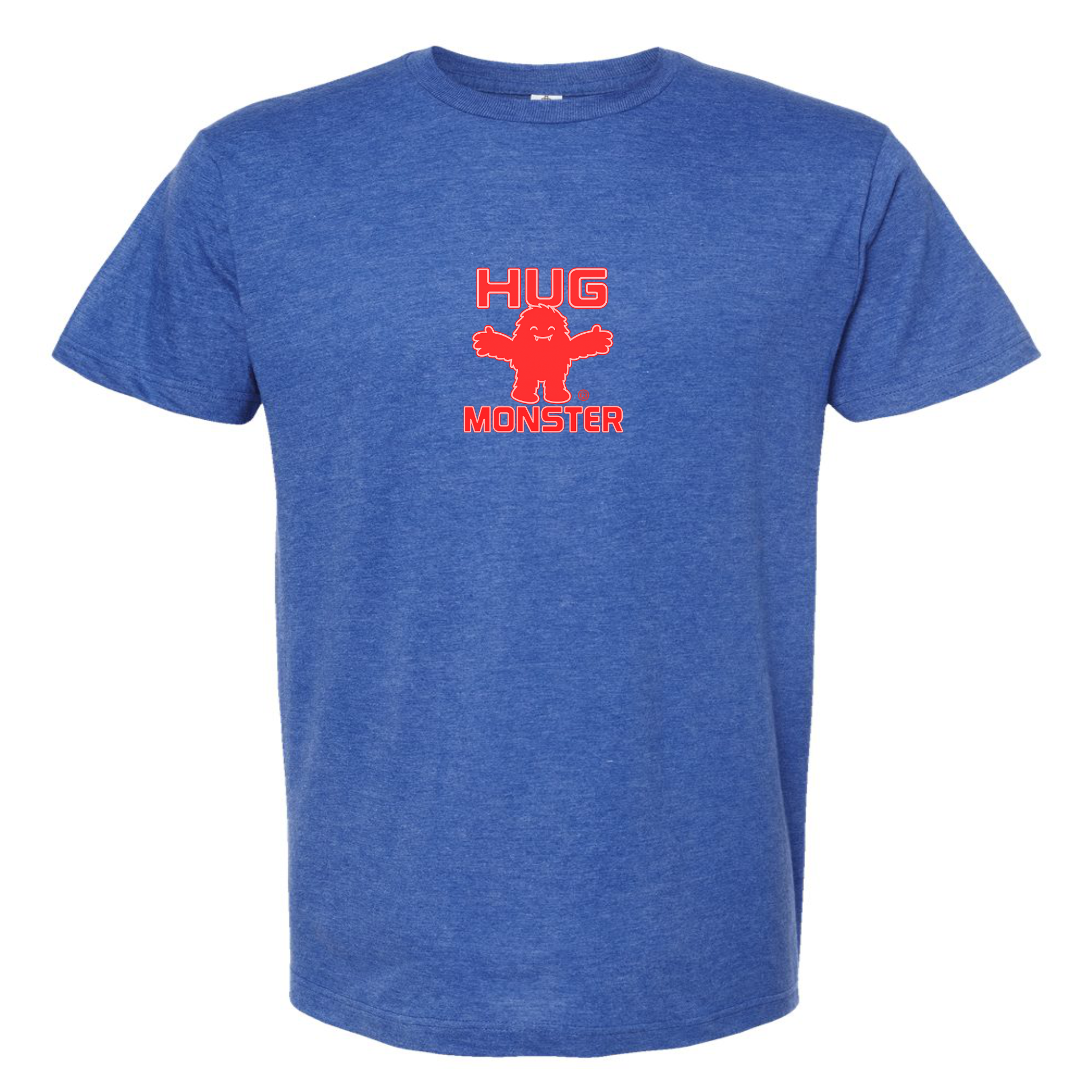 Hug Monster Tiny Retro Monster Hugs (Red Logo) T-Shirt - Positive Message Graphic Tee in Heather Royal Blue – Front View