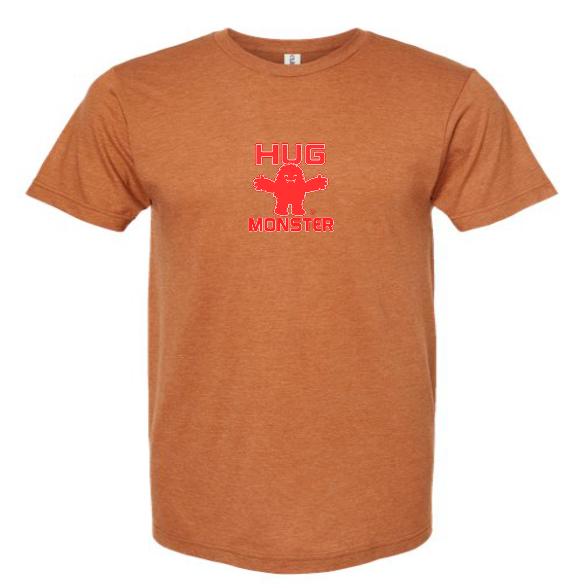 Hug Monster Tiny Retro Monster Hugs (Red Logo) T-Shirt - Positive Message Graphic Tee in Heather Rust – Front View
