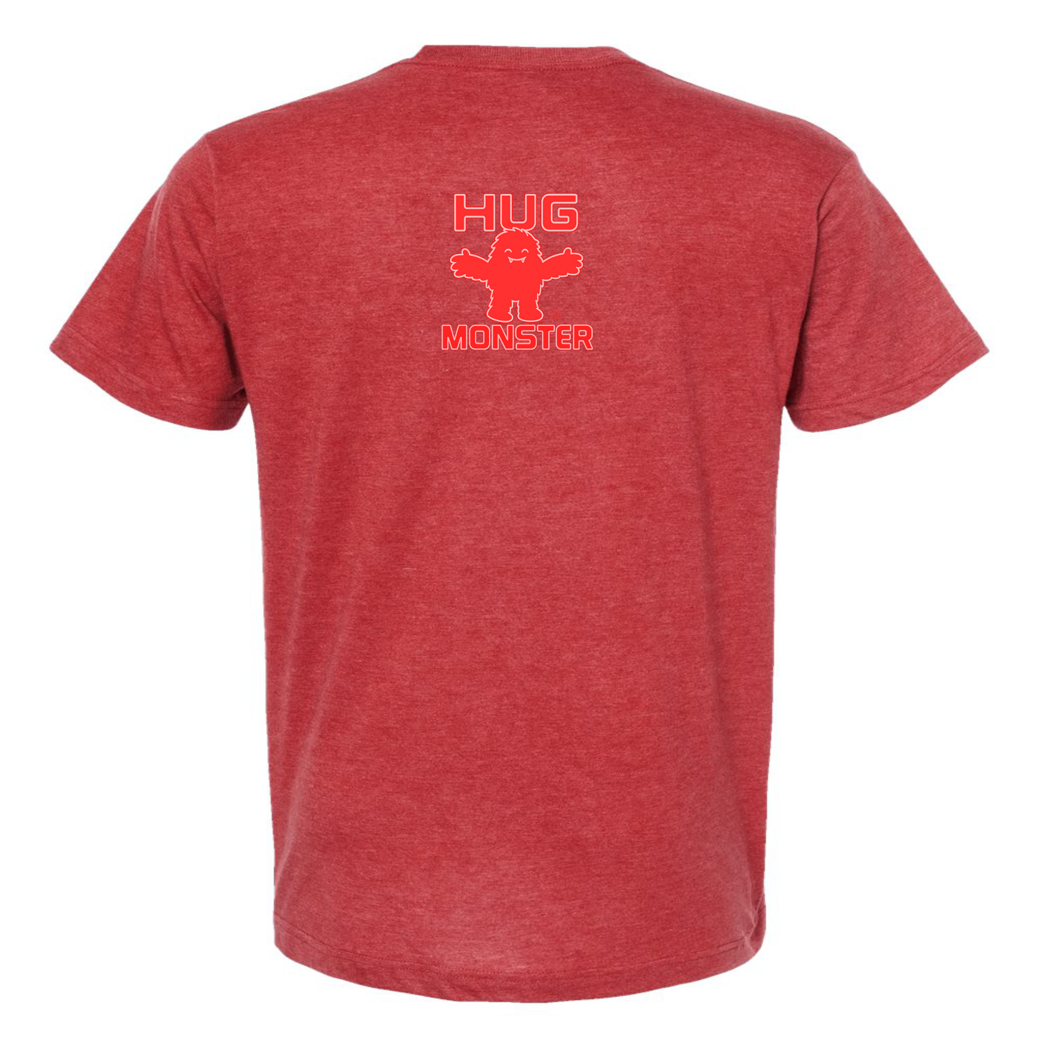 Hug Monster Tiny Retro Monster Hugs (Red Logo) T-Shirt - Positive Message Graphic Tee in Heather Scarlet Red – Back View