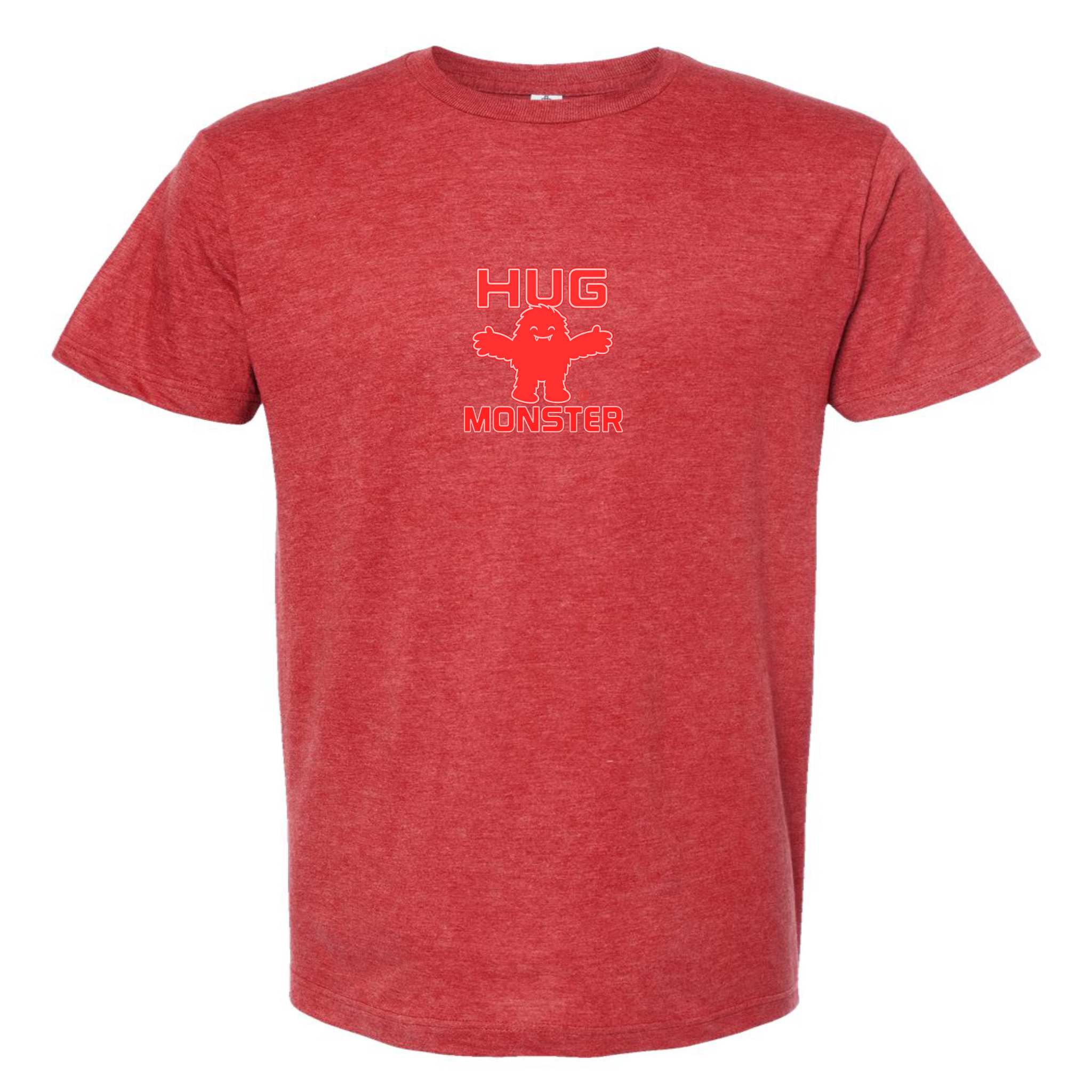 Hug Monster Tiny Retro Monster Hugs (Red Logo) T-Shirt - Positive Message Graphic Tee in Heather Scarlet Red – Front View
