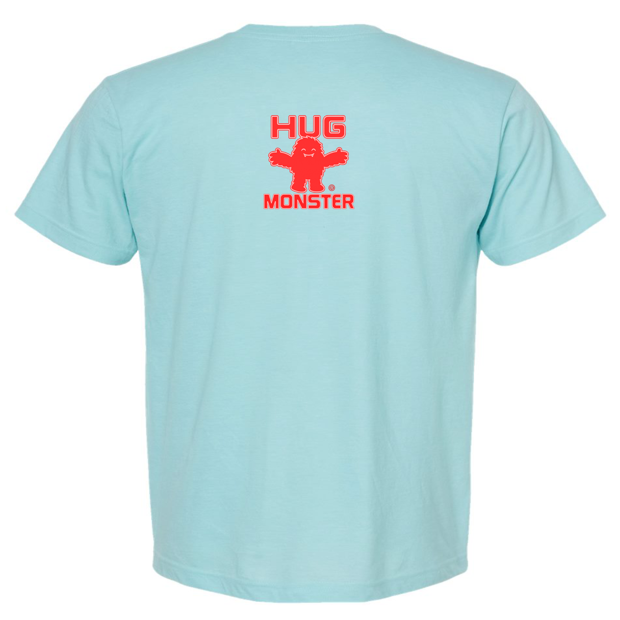 Hug Monster Tiny Retro Monster Hugs (Red Logo) T-Shirt - Positive Message Graphic Tee in Heather Turquoise – Back View