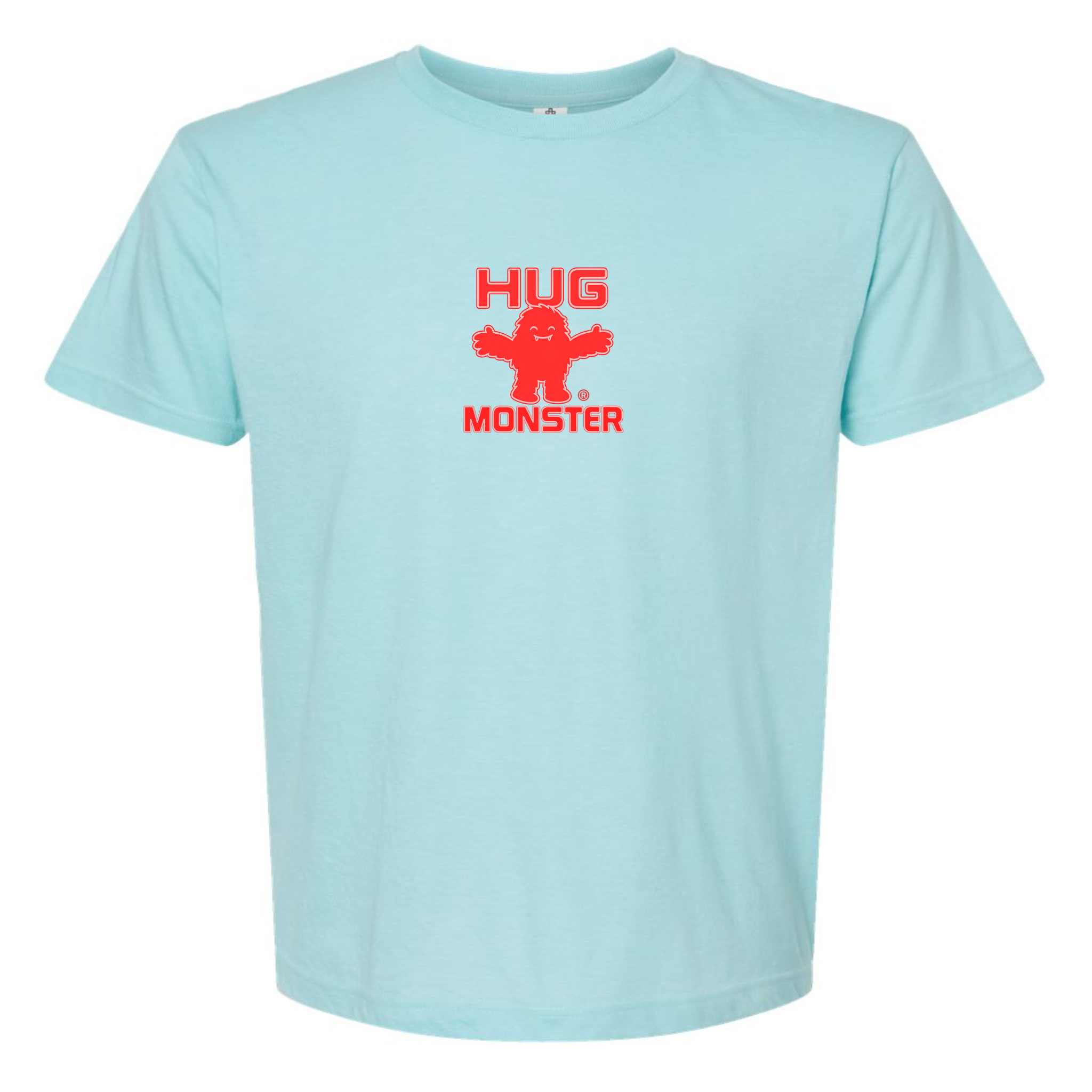 Hug Monster Tiny Retro Monster Hugs (Red Logo) T-Shirt - Positive Message Graphic Tee in Heather Turquoise – Front View