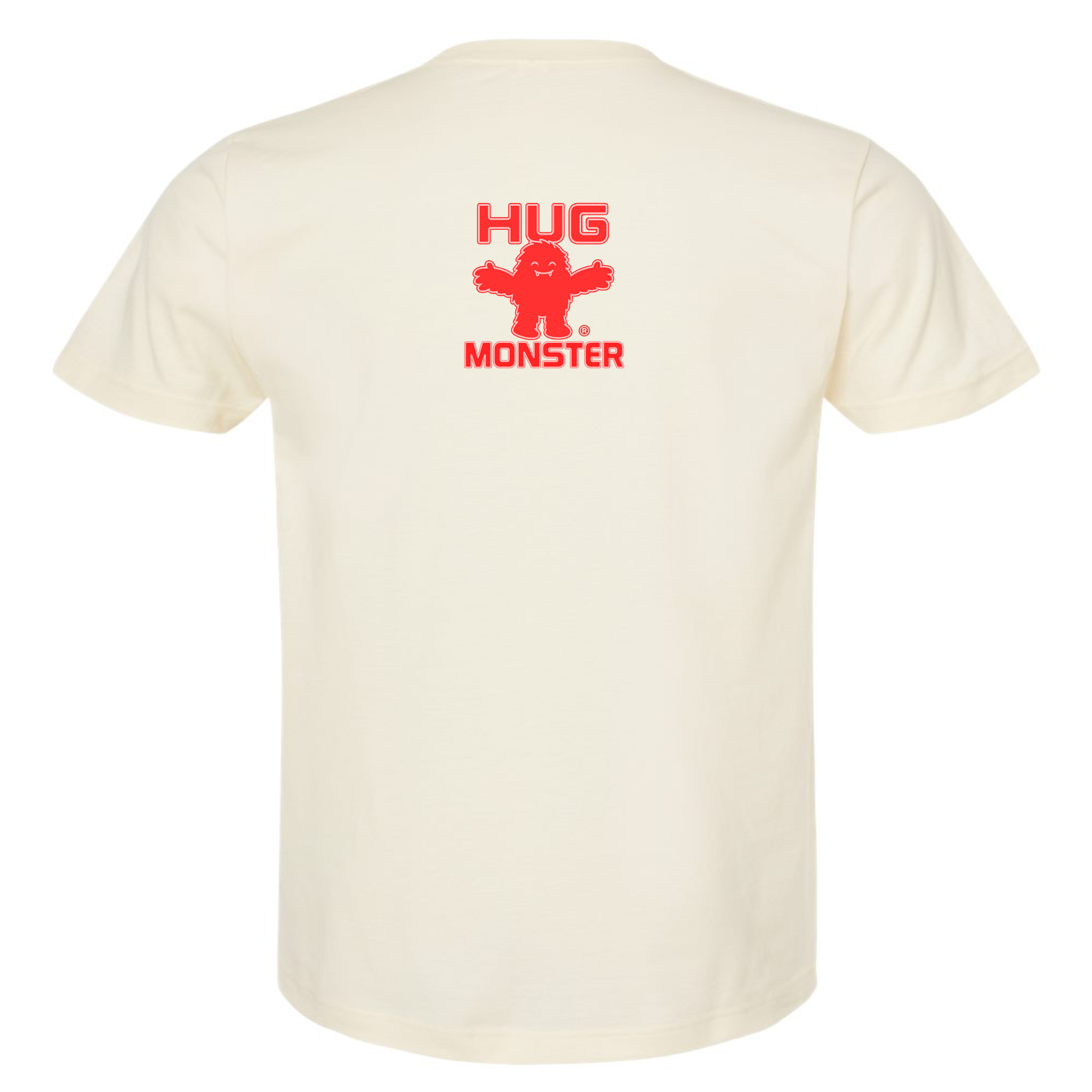 Hug Monster Tiny Retro Monster Hugs (Red Logo) T-Shirt - Positive Message Graphic Tee in Natural – Back View