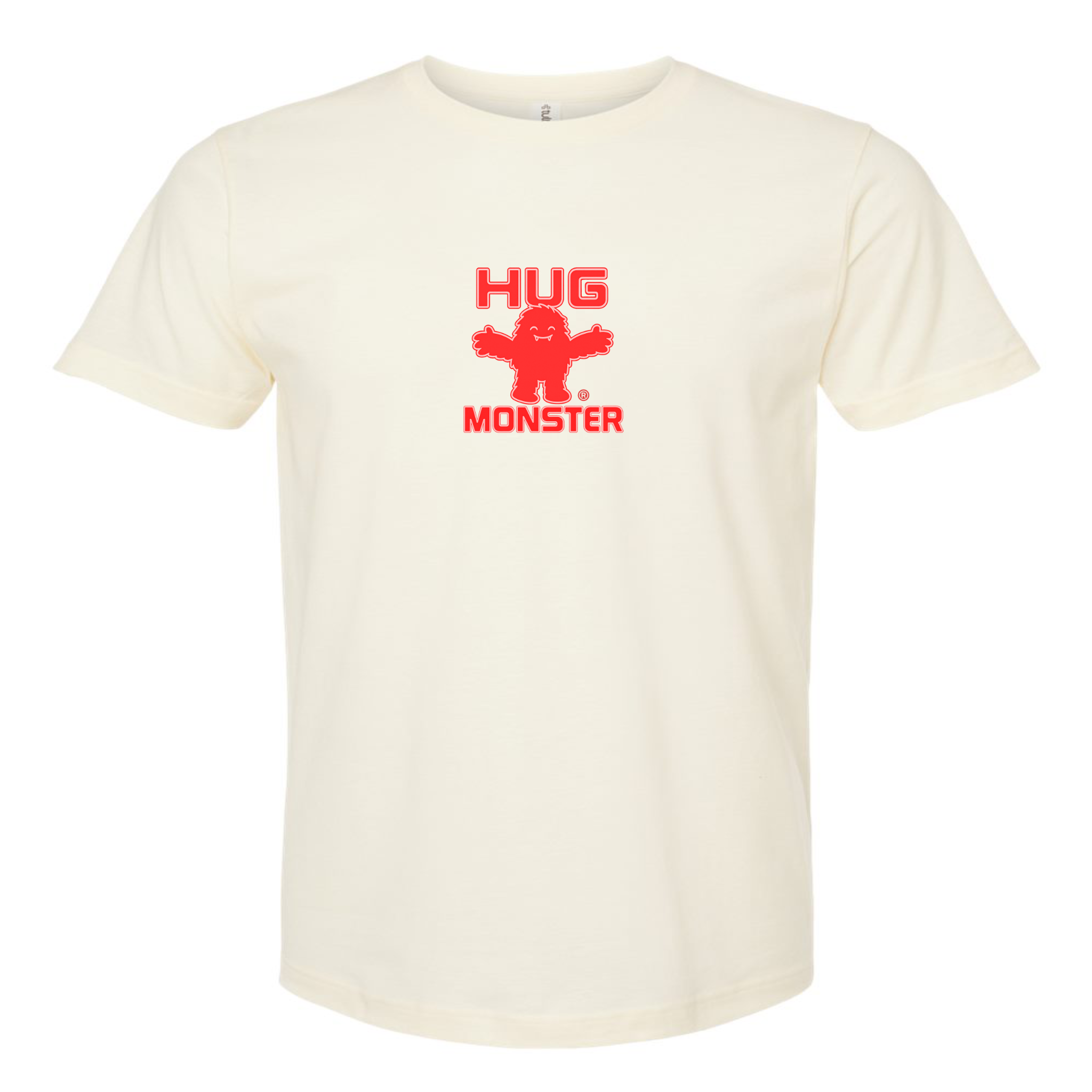 Hug Monster Tiny Retro Monster Hugs (Red Logo) T-Shirt - Positive Message Graphic Tee in Natural – Front View