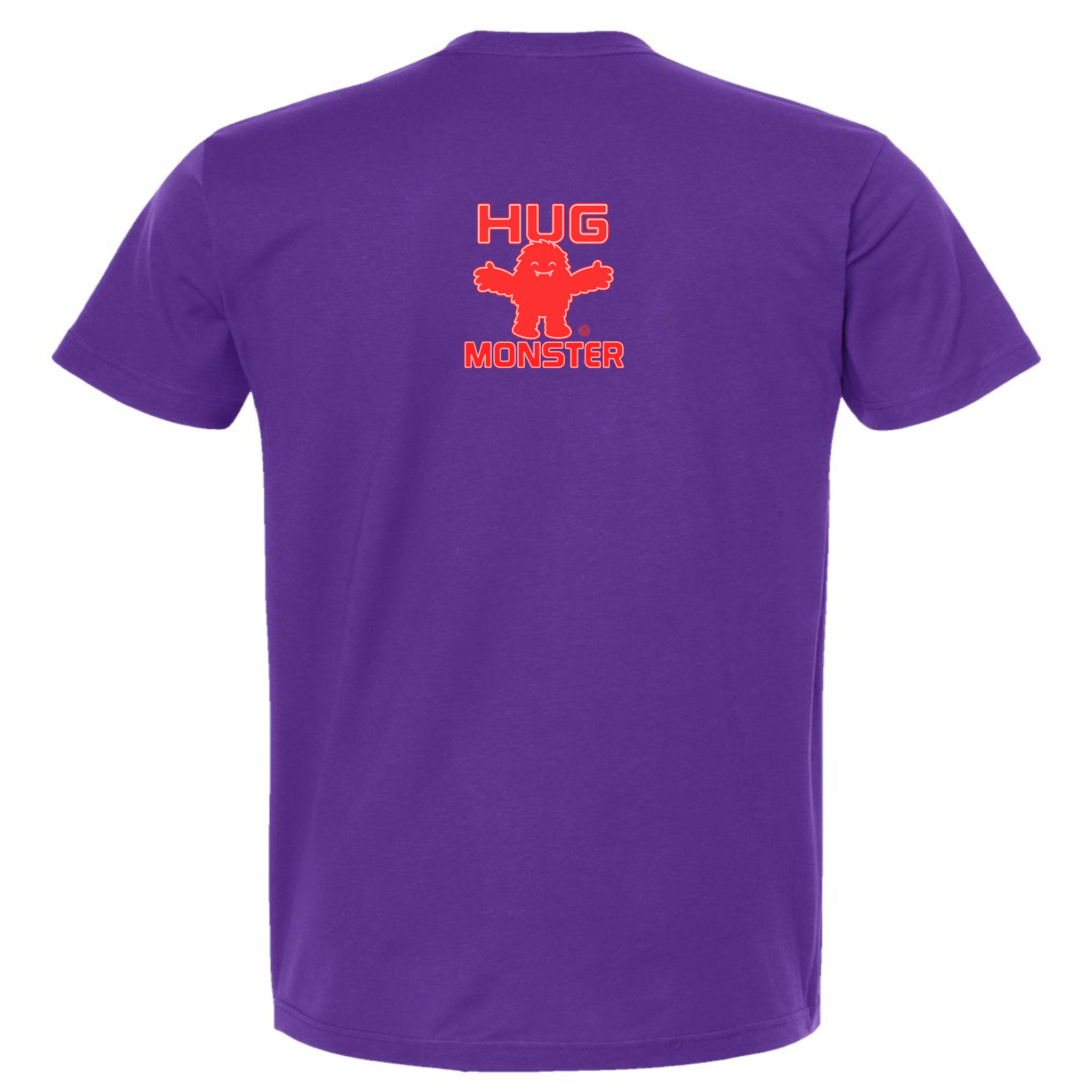 Hug Monster Tiny Retro Monster Hugs (Red Logo) T-Shirt - Positive Message Graphic Tee in Purple – Back View