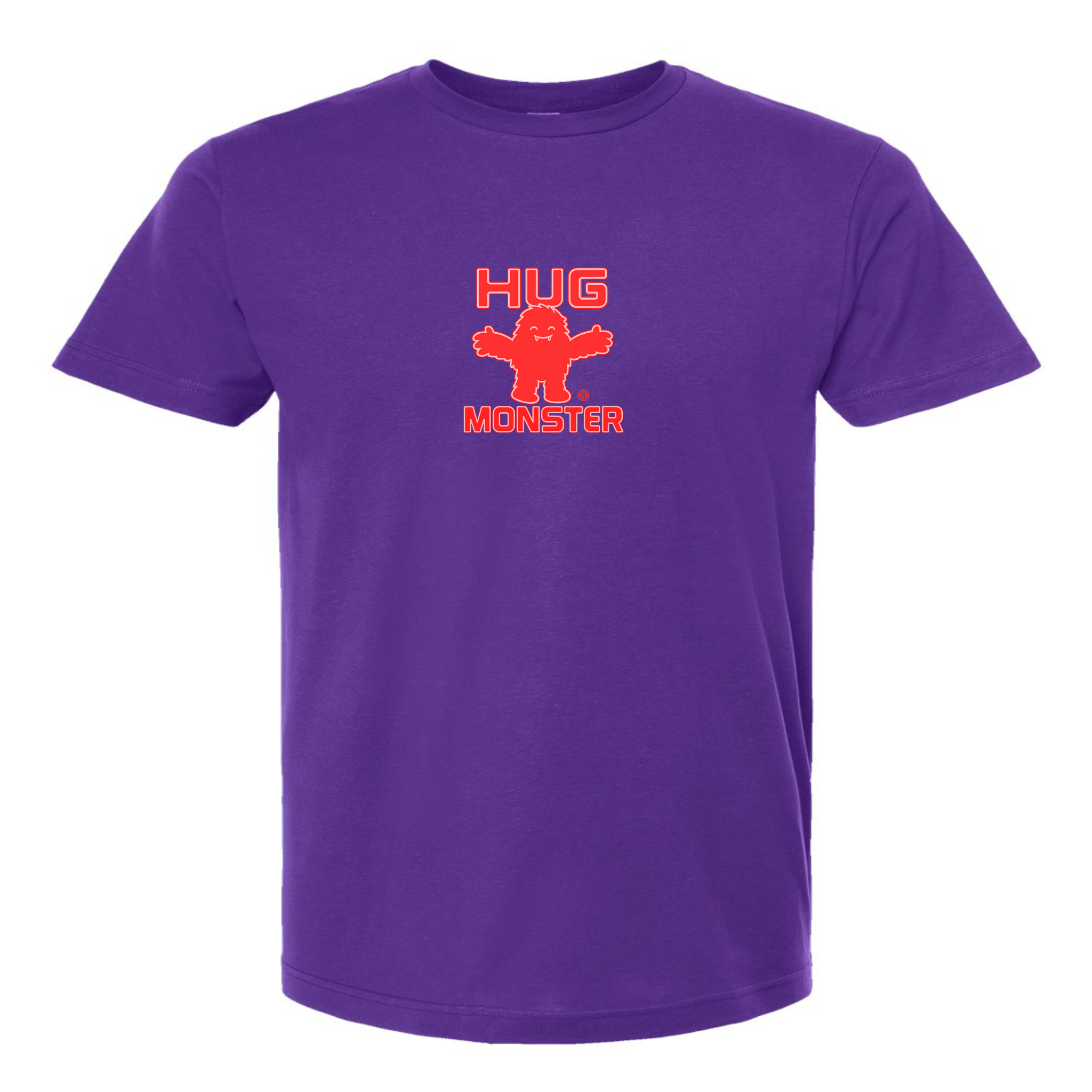 Hug Monster Tiny Retro Monster Hugs (Red Logo) T-Shirt - Positive Message Graphic Tee in Purple – Front View