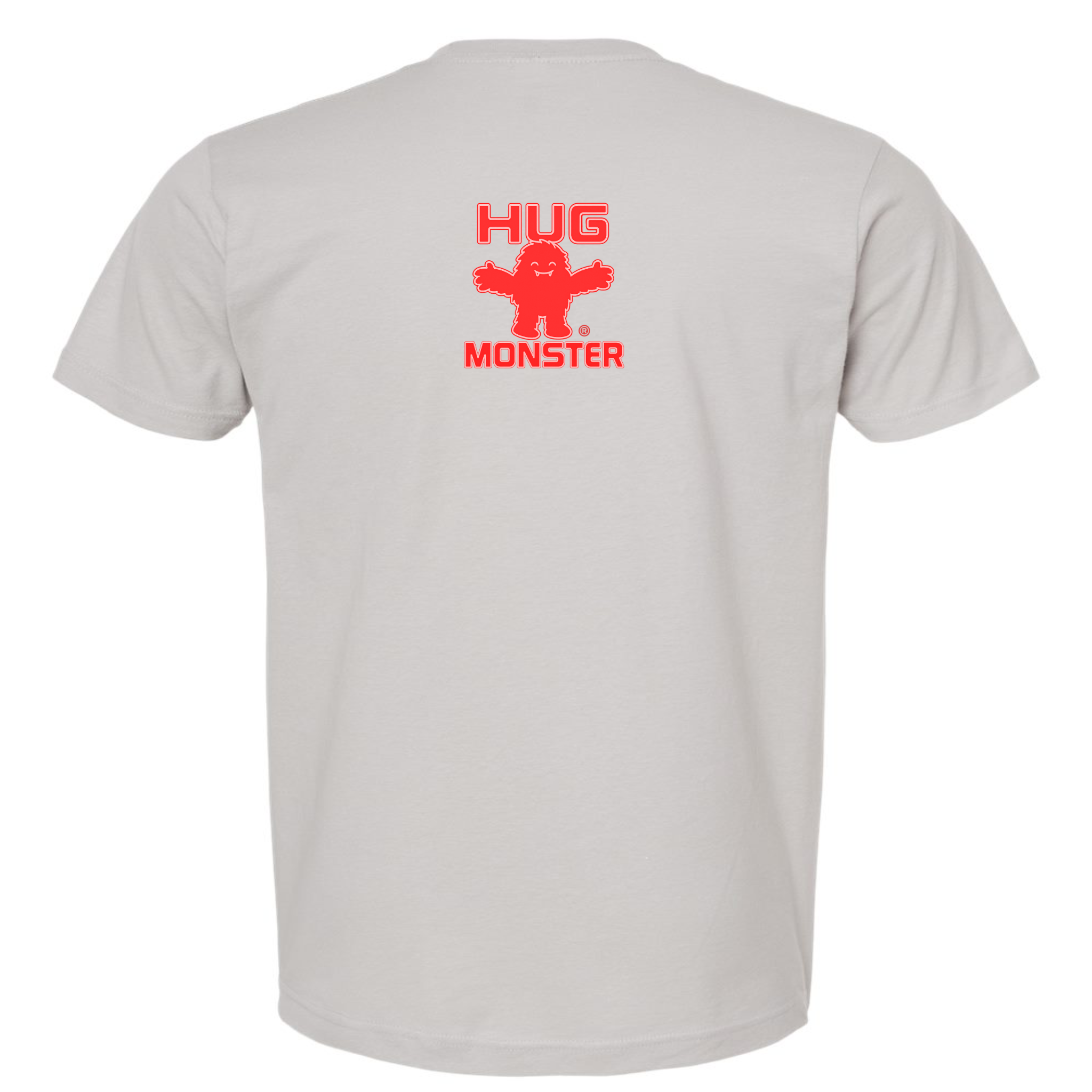 Hug Monster Tiny Retro Monster Hugs (Red Logo) T-Shirt - Positive Message Graphic Tee in Silver – Back View