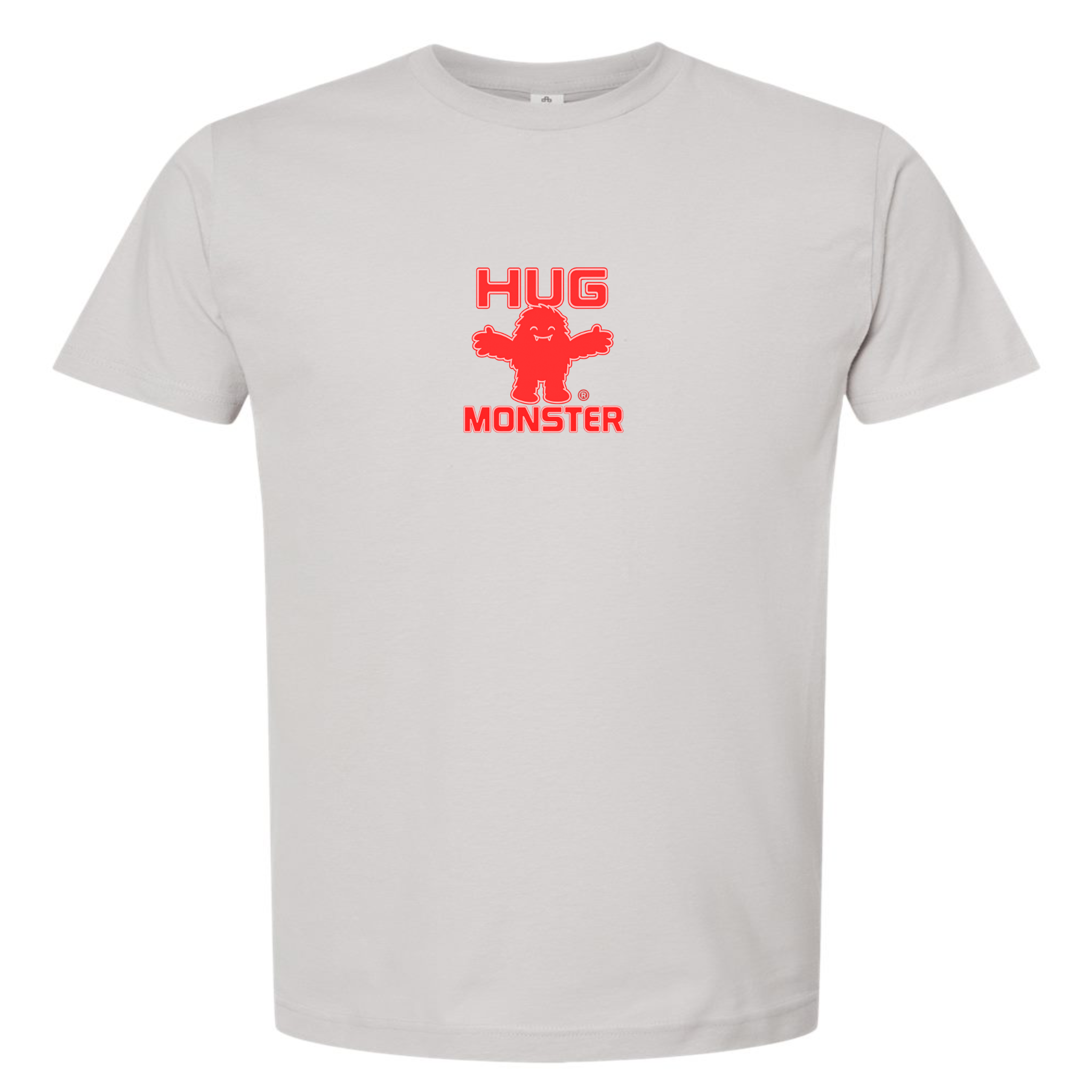 Hug Monster Tiny Retro Monster Hugs (Red Logo) T-Shirt - Positive Message Graphic Tee in Silver – Front View