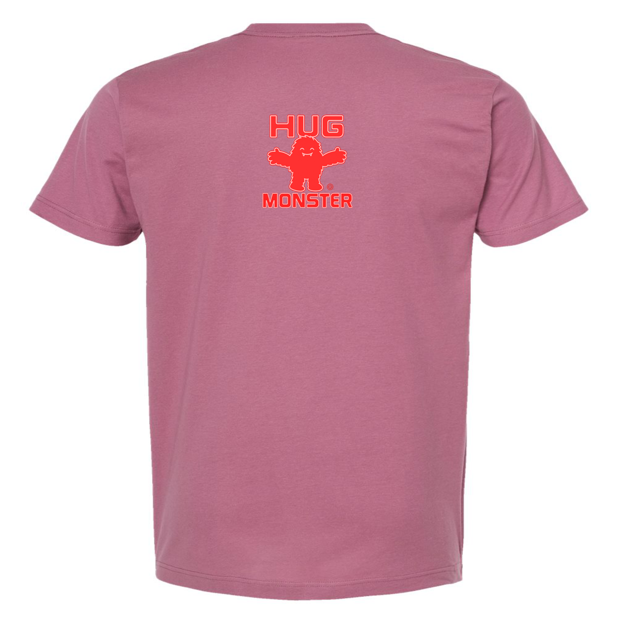 Hug Monster Tiny Retro Monster Hugs (Red Logo) T-Shirt - Positive Message Graphic Tee in Soft Dusty Rose Pink – Back View