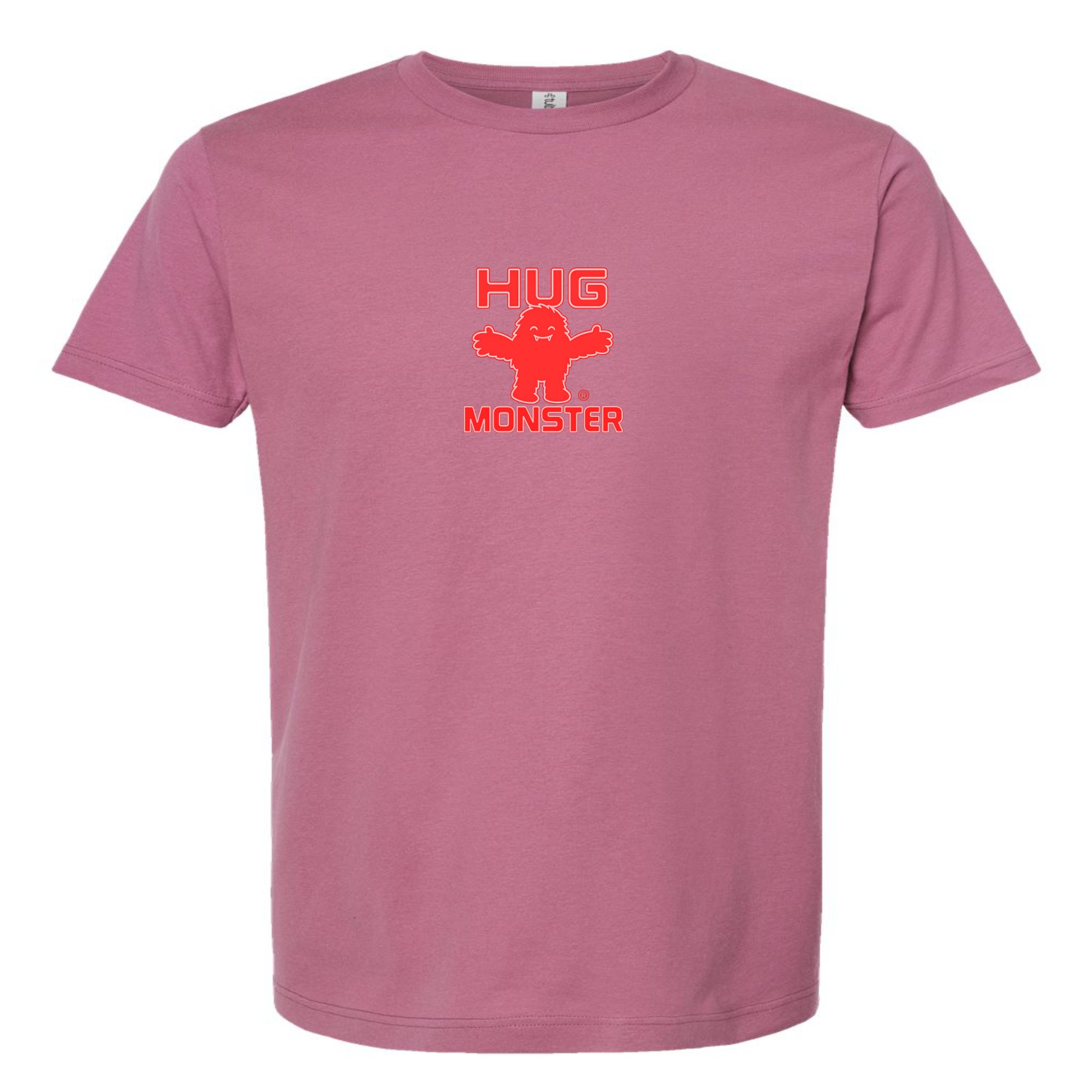 Hug Monster Tiny Retro Monster Hugs (Red Logo) T-Shirt - Positive Message Graphic Tee in Soft Dusty Rose Pink – Front View