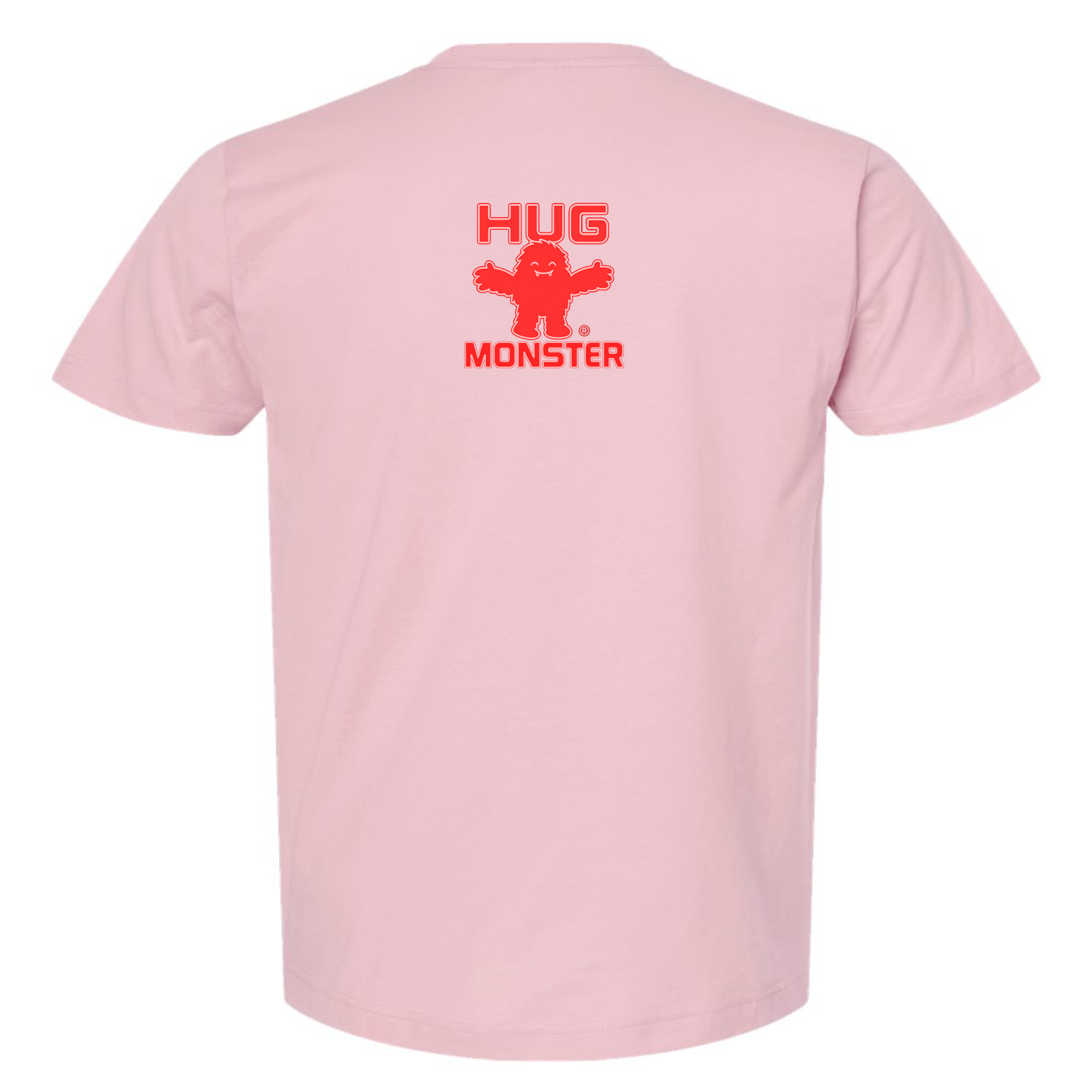 Hug Monster Tiny Retro Monster Hugs (Red Logo) T-Shirt - Positive Message Graphic Tee in Soft Pink – Back View