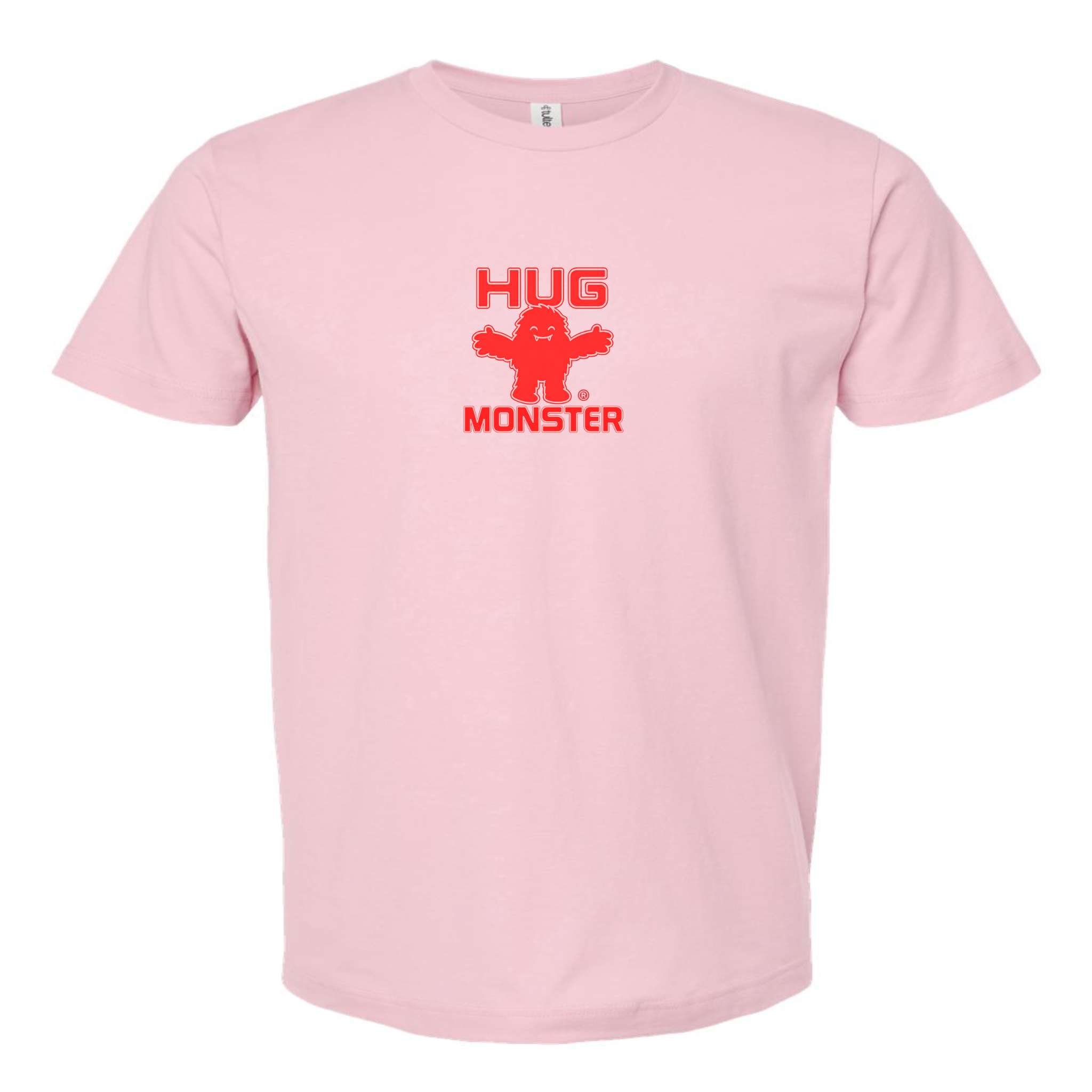 Hug Monster Tiny Retro Monster Hugs (Red Logo) T-Shirt - Positive Message Graphic Tee in Soft Pink – Front View