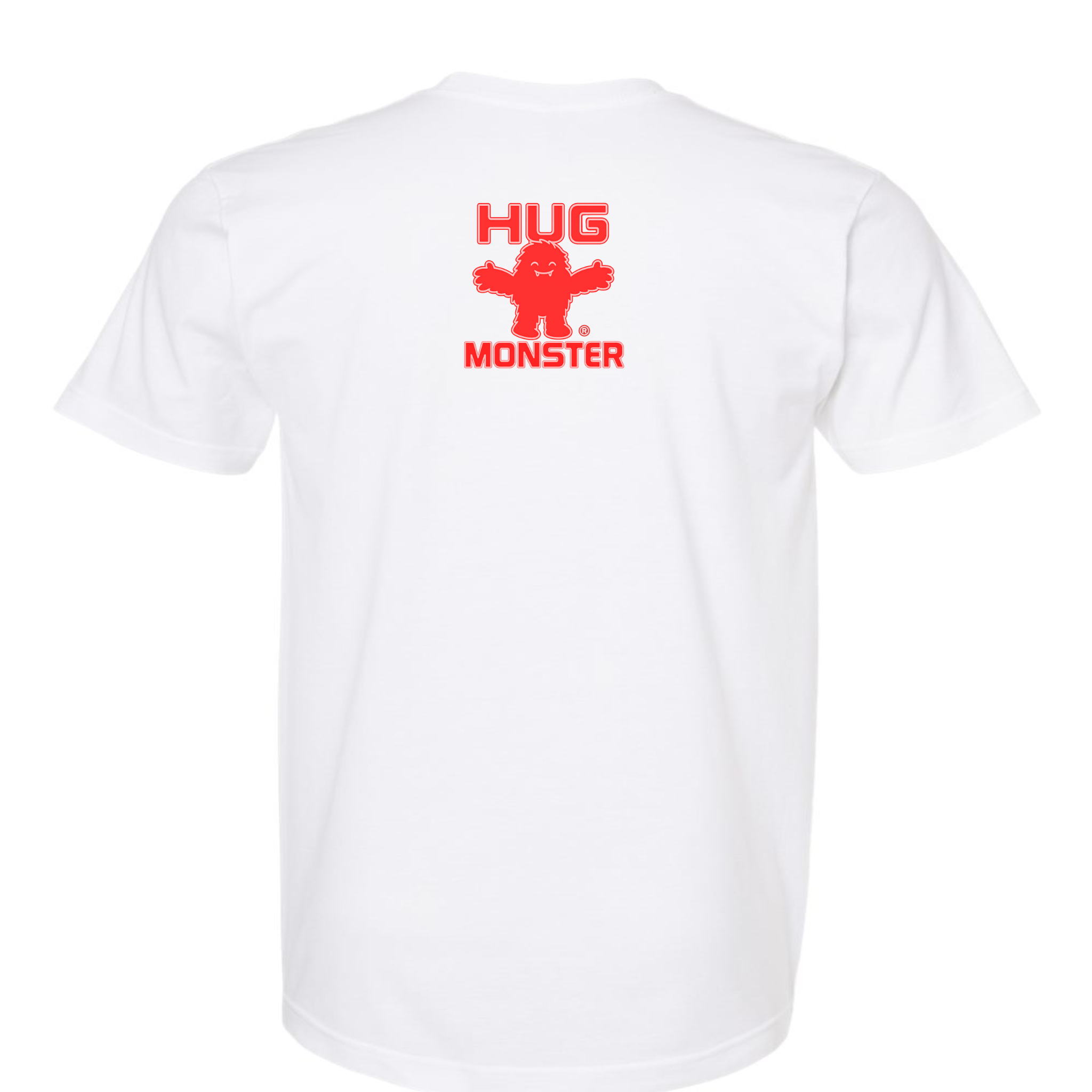 Hug Monster Tiny Retro Monster Hugs (Red Logo) T-Shirt - Positive Message Graphic Tee in White – Back View