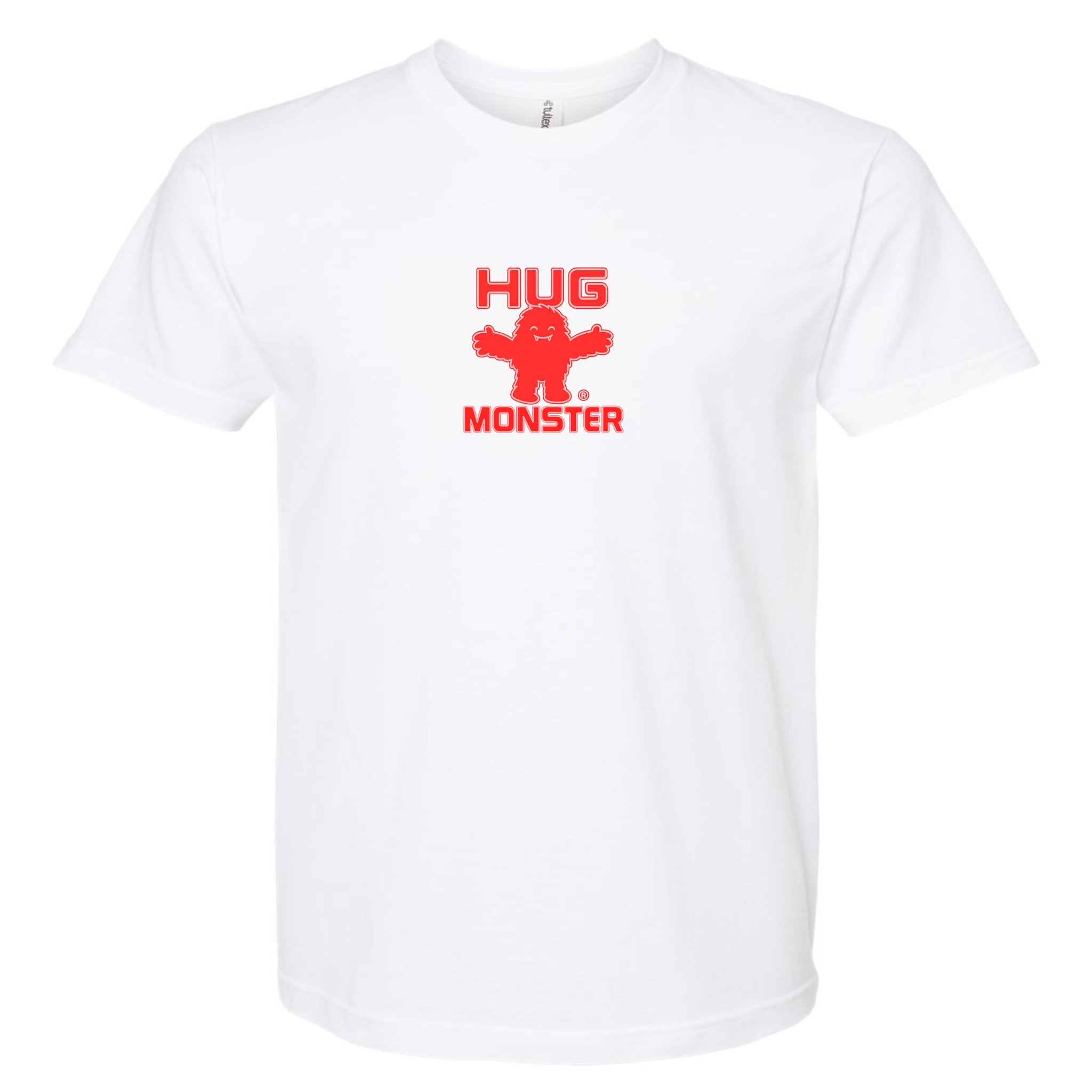 Hug Monster Tiny Retro Monster Hugs (Red Logo) T-Shirt - Positive Message Graphic Tee in White – Front View