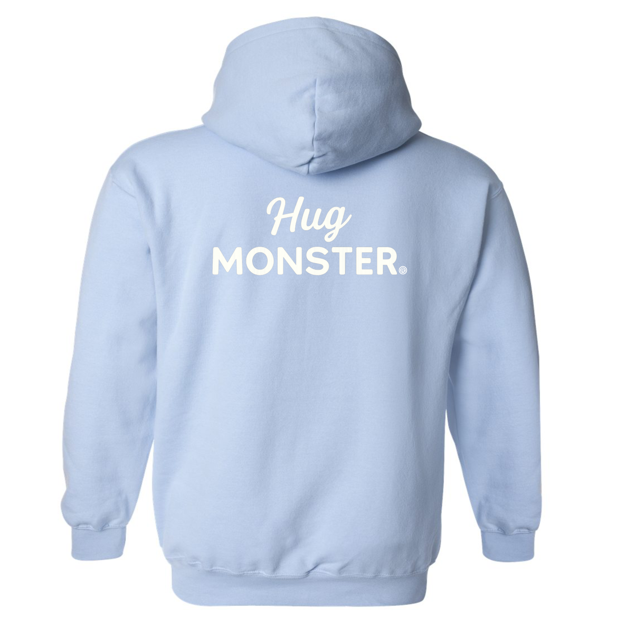 Hug Monster White Split Script graphic hoodie in Baby Blue cozy fleece positive message sweatshirt