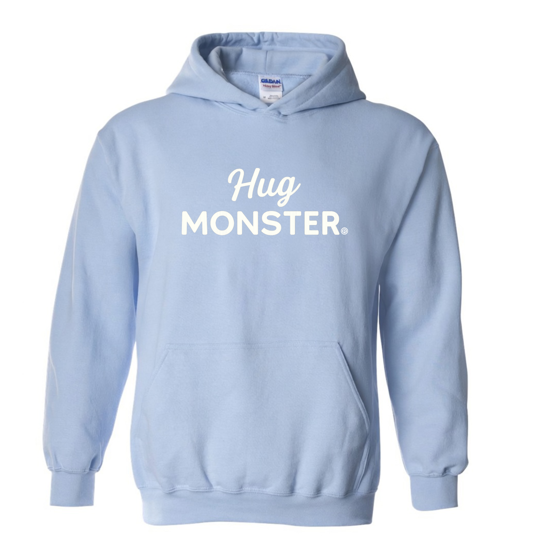 Hug Monster White Split Script graphic hoodie in Baby Blue cozy fleece positive message sweatshirt