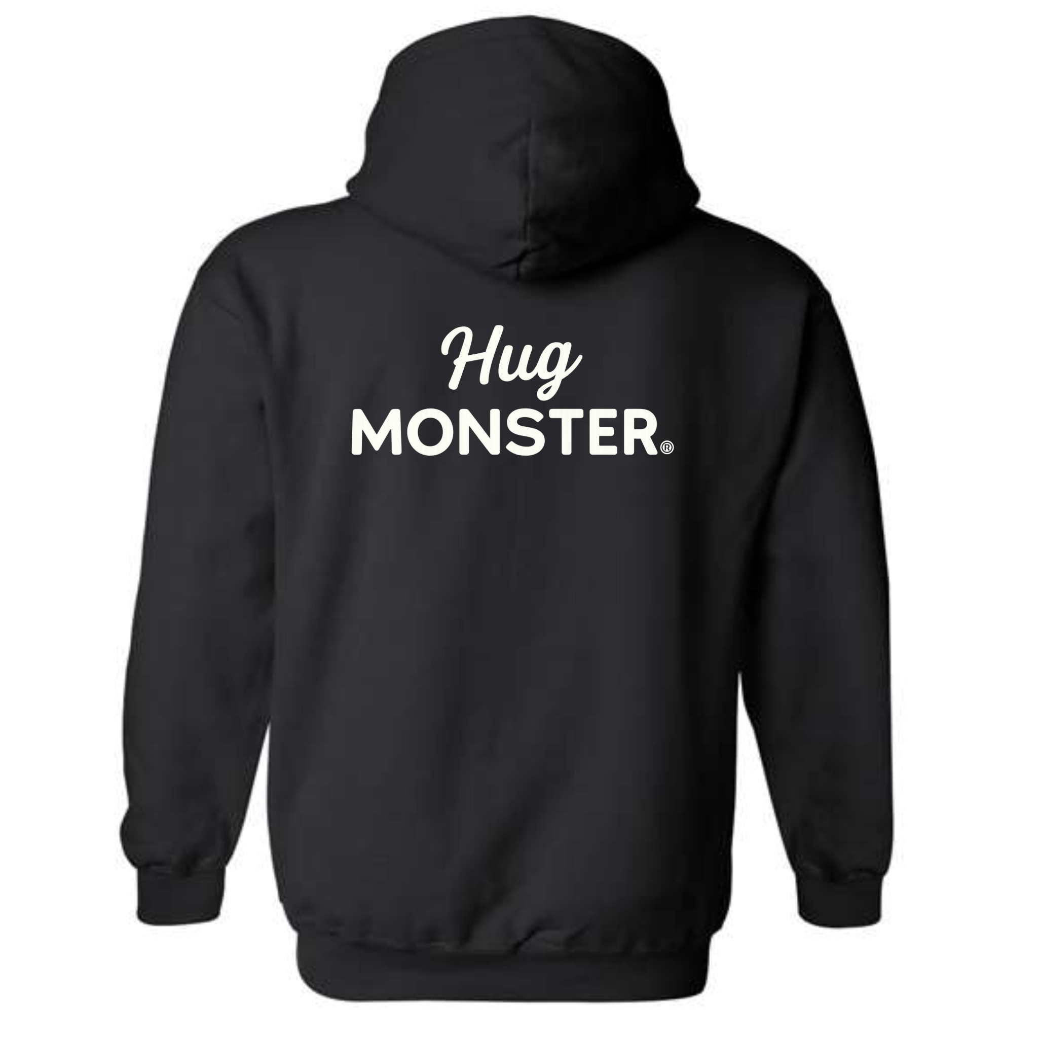 Hug Monster White Split Script graphic hoodie in Black cozy fleece positive message sweatshirt
