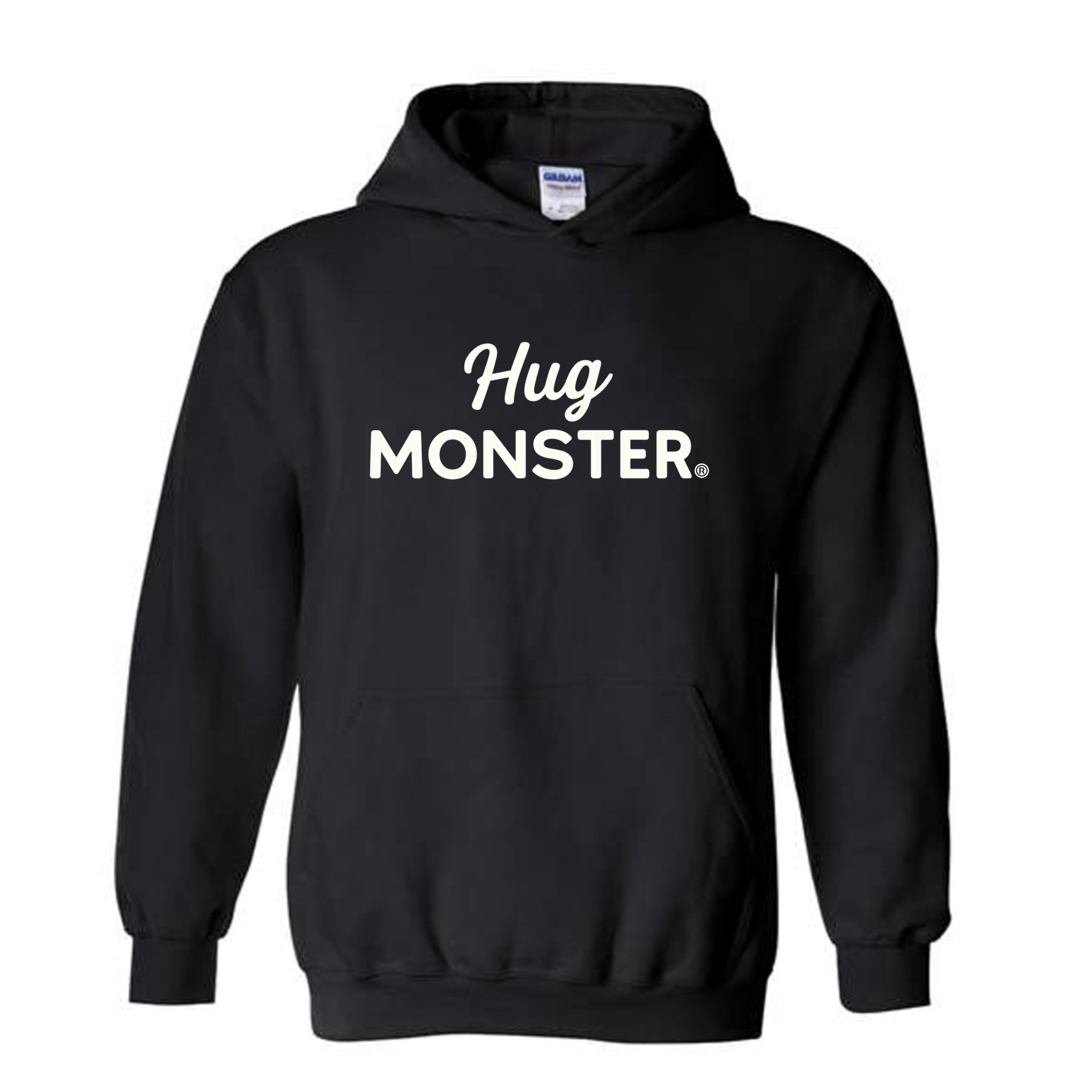Hug Monster White Split Script graphic hoodie in Black cozy fleece positive message sweatshirt
