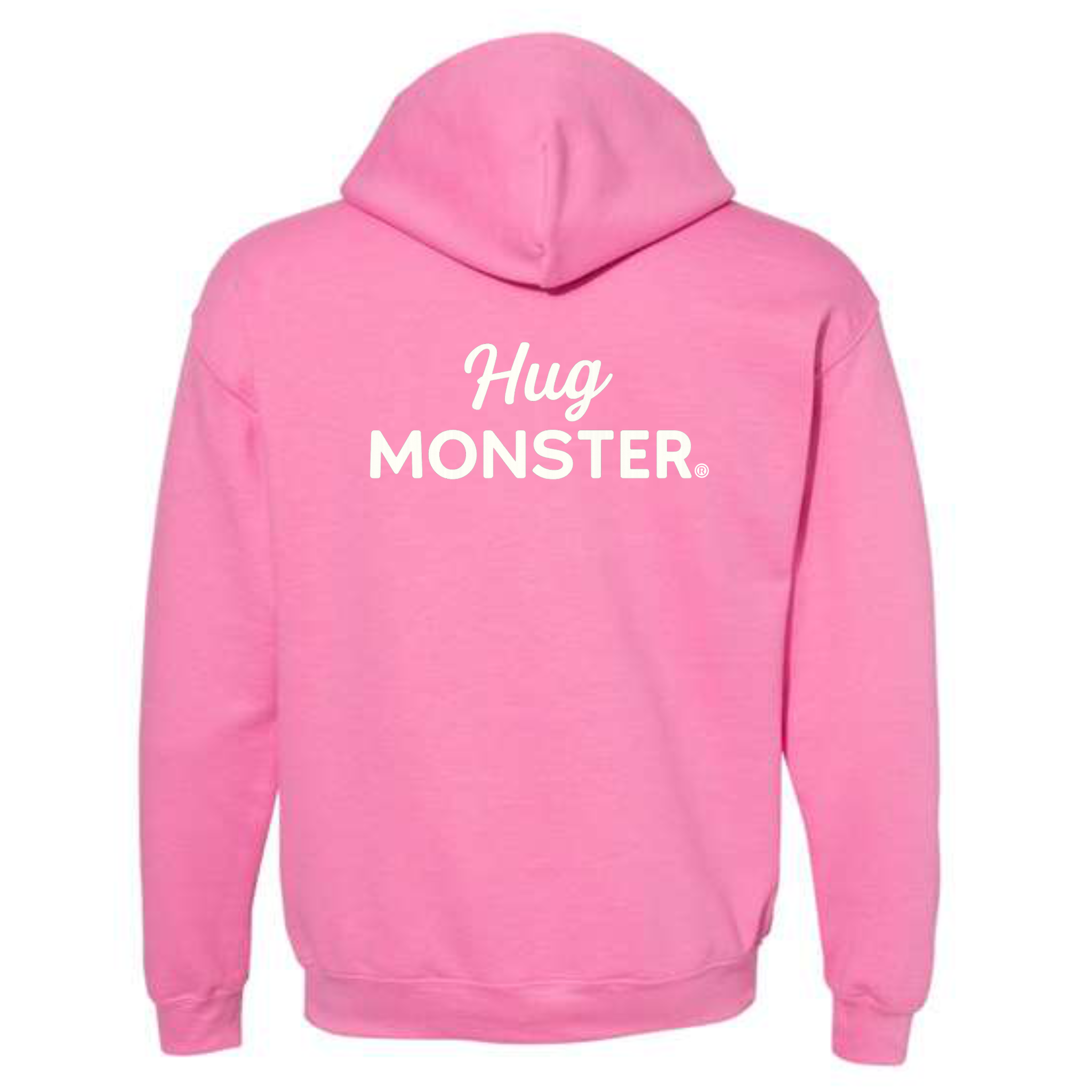 Hug Monster White Split Script graphic hoodie in Bright Soft Rose Pink cozy fleece positive message sweatshirt