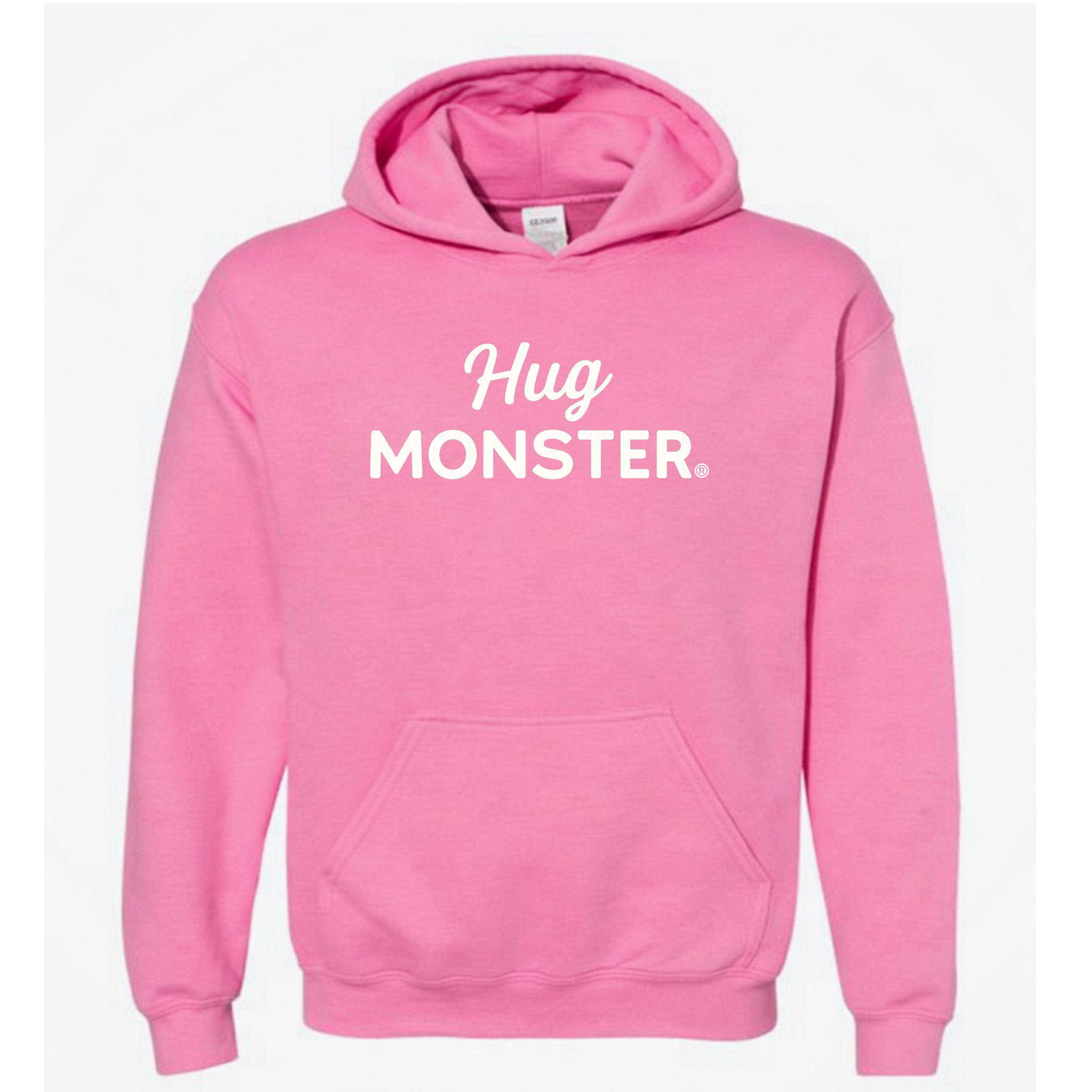Hug Monster White Split Script graphic hoodie in Bright Soft Rose Pink cozy fleece positive message sweatshirt