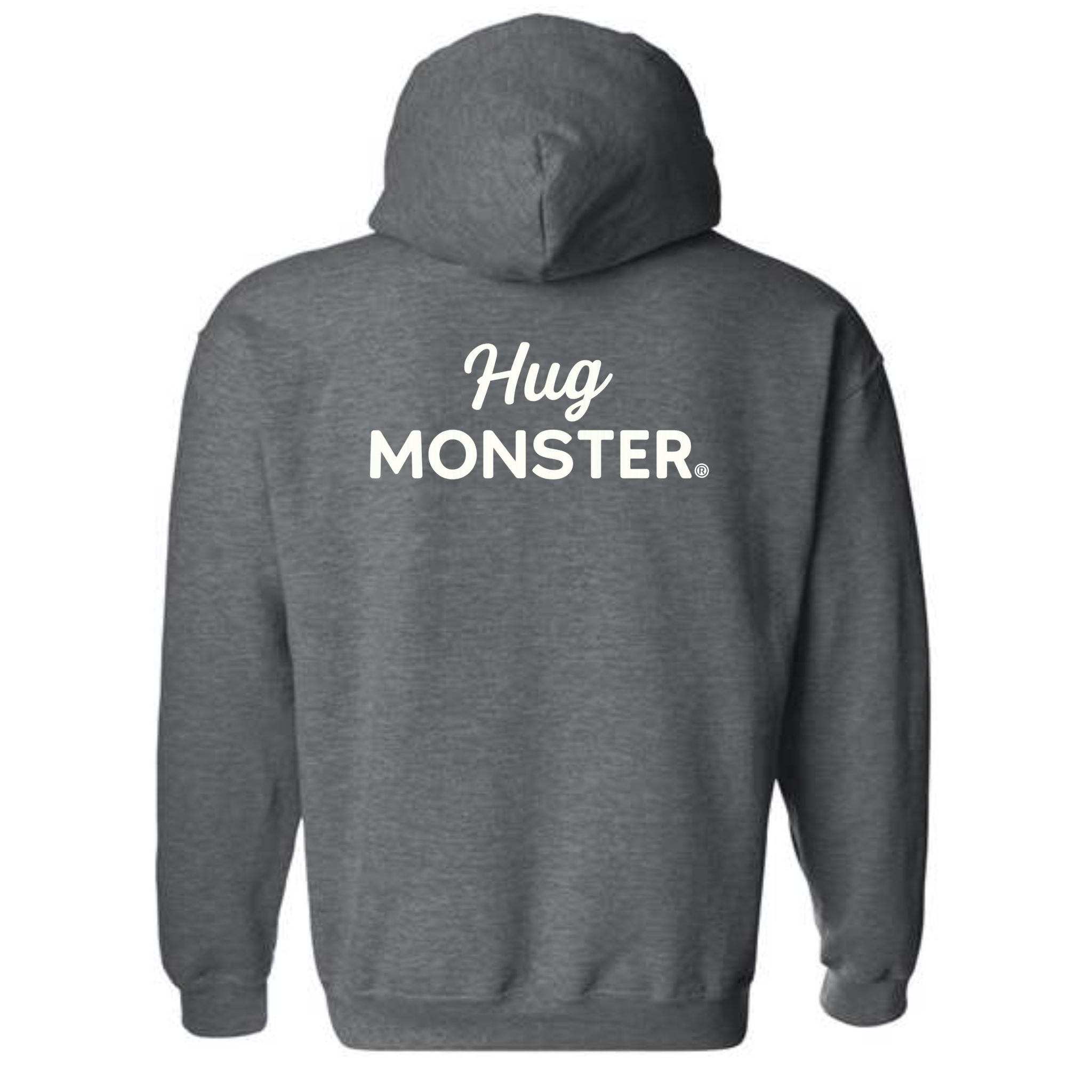 Hug Monster White Split Script graphic hoodie in Dark Heather Grey cozy fleece positive message sweatshirt