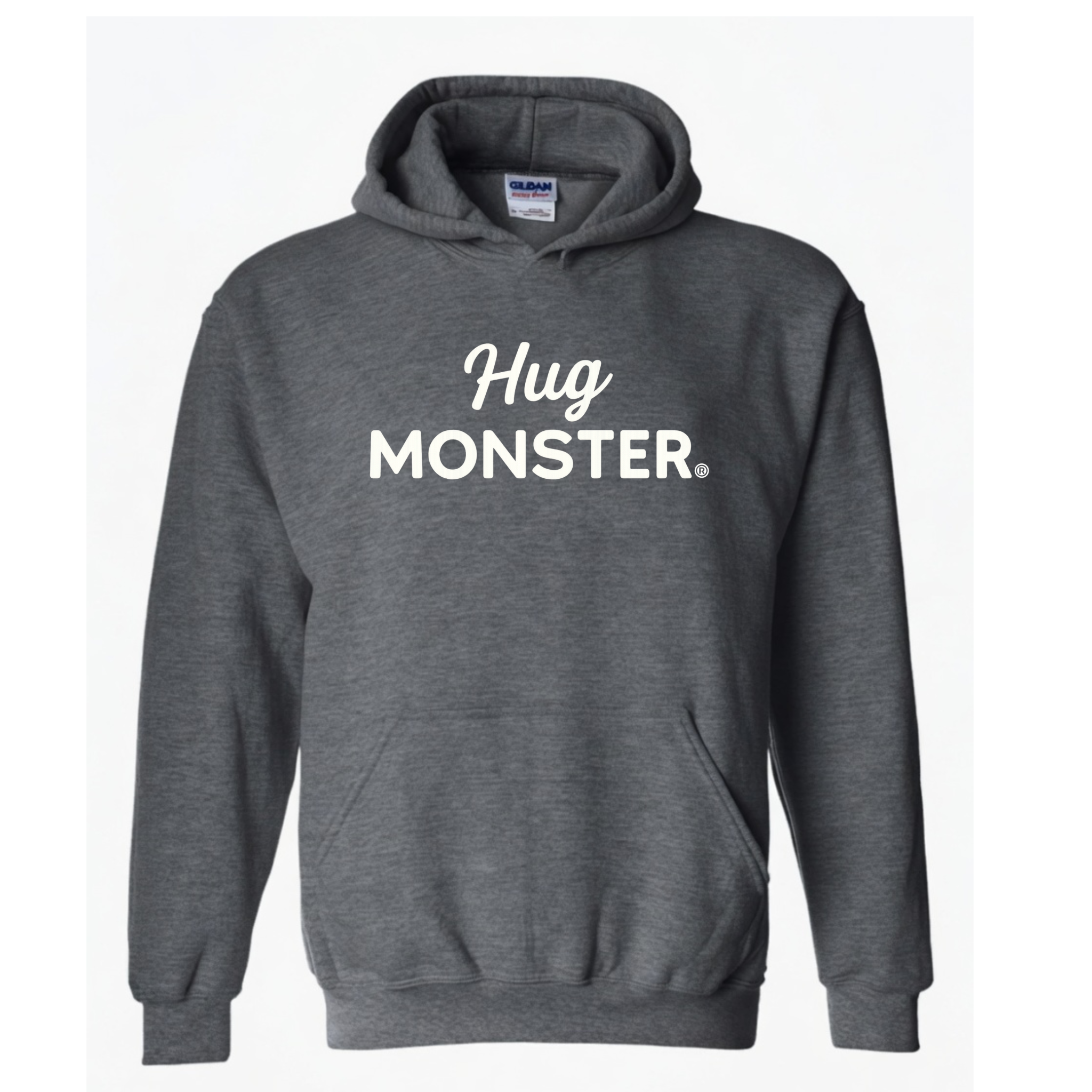 Hug Monster White Split Script graphic hoodie in Dark Heather Grey cozy fleece positive message sweatshirt